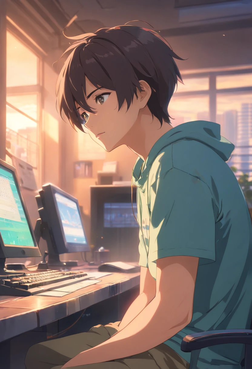 ((of the highest quality, in 8K, master piece),(A man in his 30s wearing a T-shirt), (age 30s),personal computers ,during daytime, Troubled expression, short dark hair, Shaved body, Show me your body, (High quality, Realistic image), Looking at the computer while working, Movie style, .