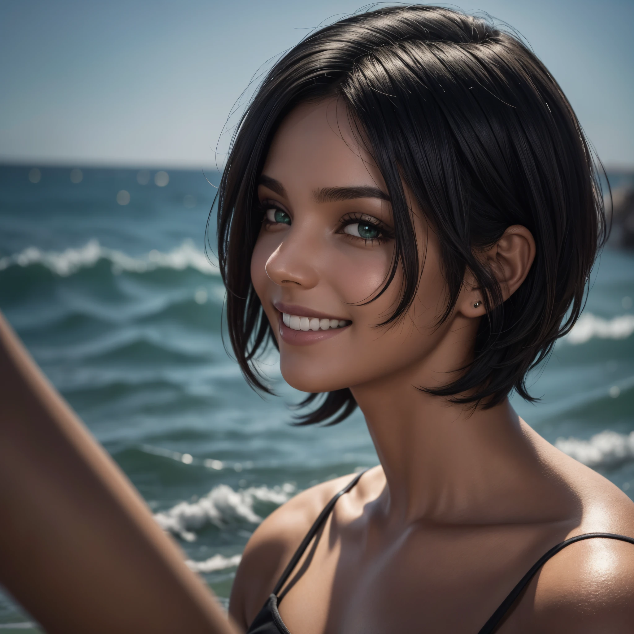 uma jovem de cabelo preto, olhos verdes, short hair up to the shoulders, ela se olhando no espelho, melhor fotografia, obra prima, 8k, luz cinematografica, she is happy, sorridente, mostrando os dentes, feliz