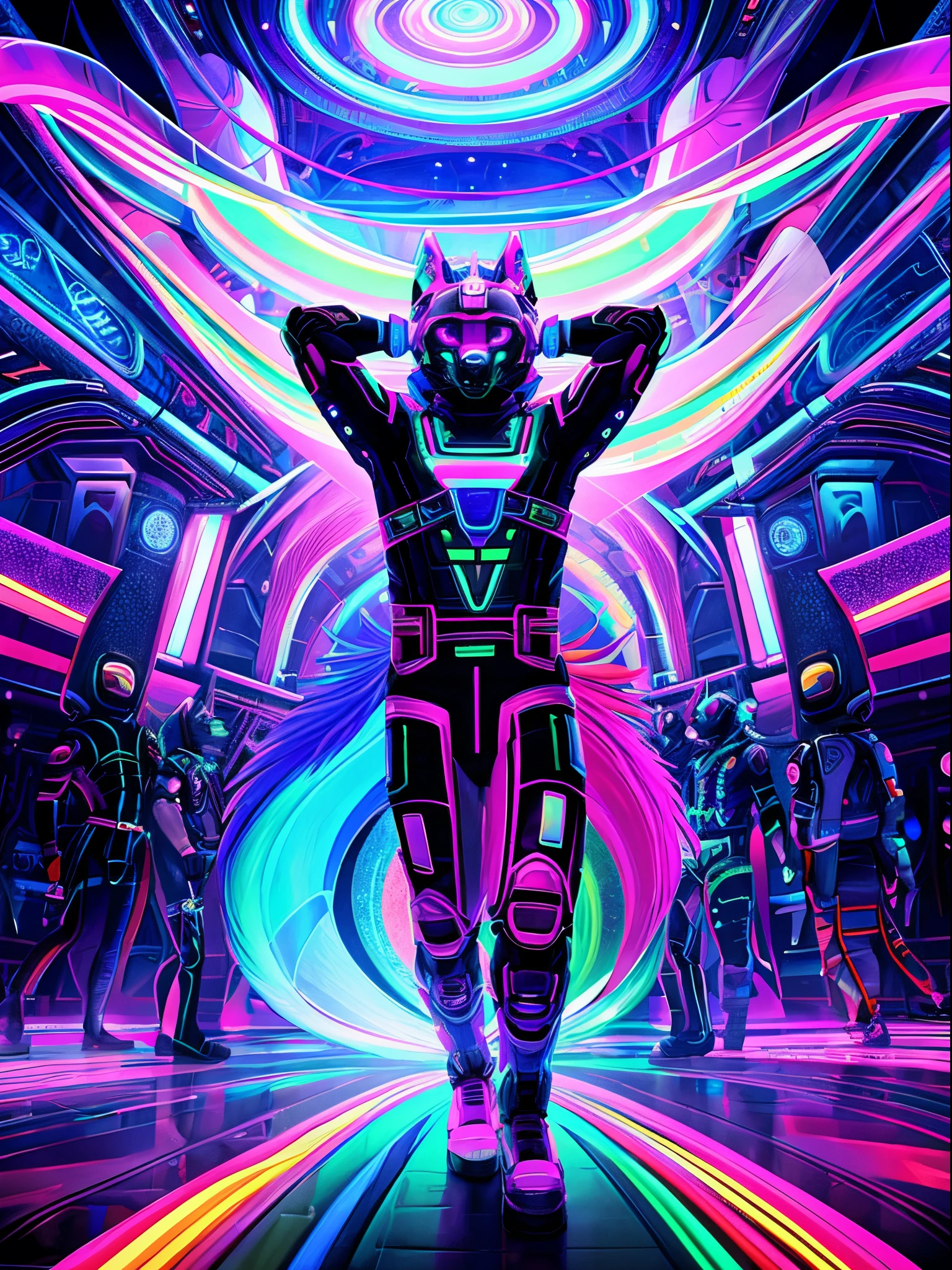 An ultra-detailed, high-quality, 4k or 8k masterpiece of a psychedelic, UV active artwork. The scene features colorful and vibrant visuals that evoke a trippy and mesmerizing atmosphere. The main focus of the artwork is on a group of pretty dancing furrys who are dressed in futuristic cyberpunk fashion, showcasing their unique tech wear. The furry stand amidst a dazzling array of UV lights and pulsating neon colors, with the scene creating a mesmerizing and otherworldly effect. The artwork captures the essence of a psychedelic experience, incorporating elements of surrealism and abstract art. The colors and patterns shift and blend in an enchanting way, giving the artwork a dynamic and immersive feel. The lighting accentuates the vividness of the colors, creating a captivating visual spectacle. The overall style and composition of the artwork draw inspiration from the aesthetics of cyberpunk and rave culture. The blend of psychedelic and cyberpunk elements creates a visually stunning and conceptually intriguing piece of art.