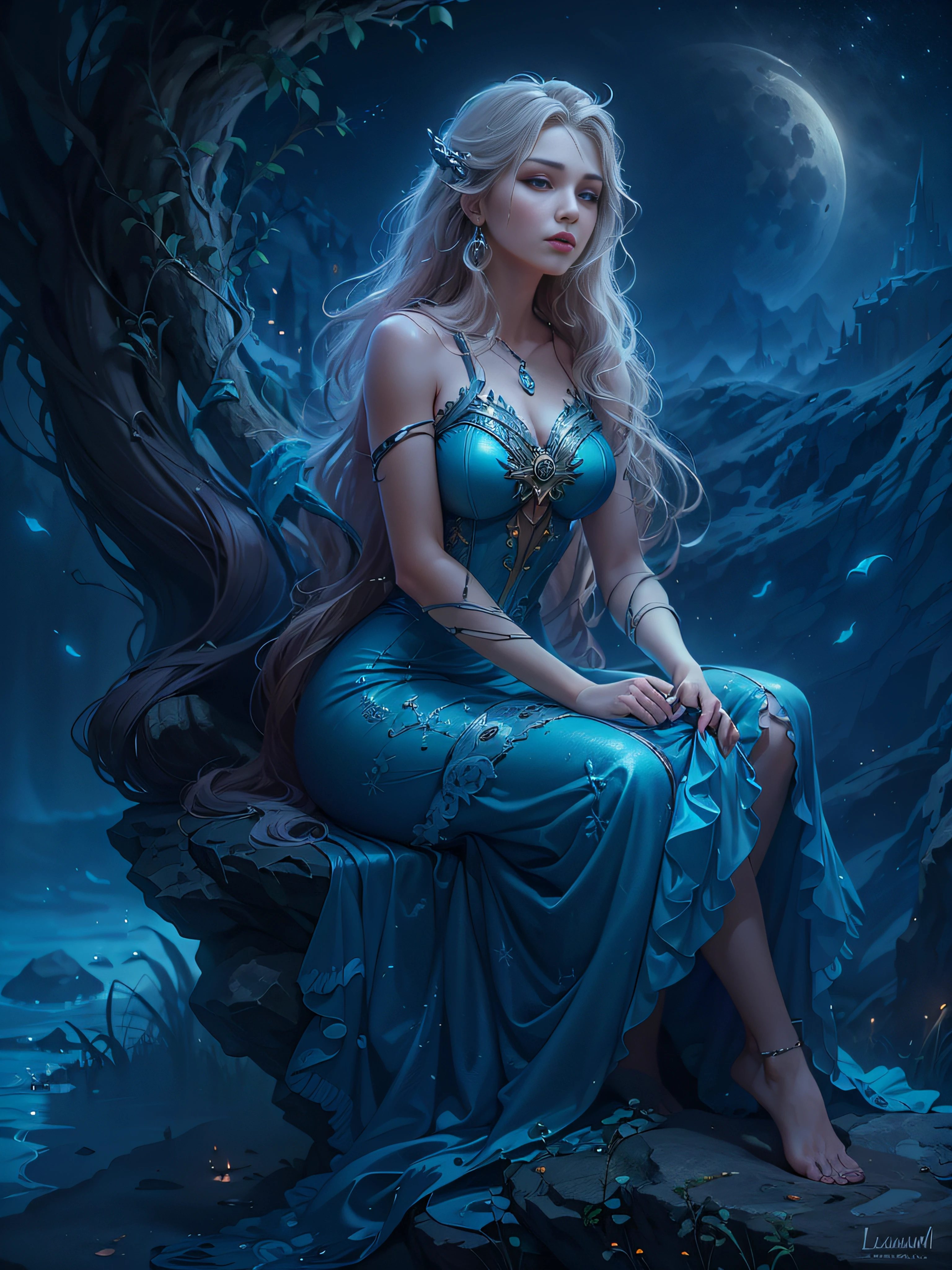 arafed woman in a blue dress sitting on a rock, Lucian, lunar goddess, karol bak uhd, portrait of a norse moon goddess, moonlit night dreamy atmosphere, Fantasy Woman, Goddess of the moon, dream magical、aethereal、darkly, Ethereal beauty, lunar goddess, Beautiful Rapunzel, beautiful fantasy maiden, dreamy night