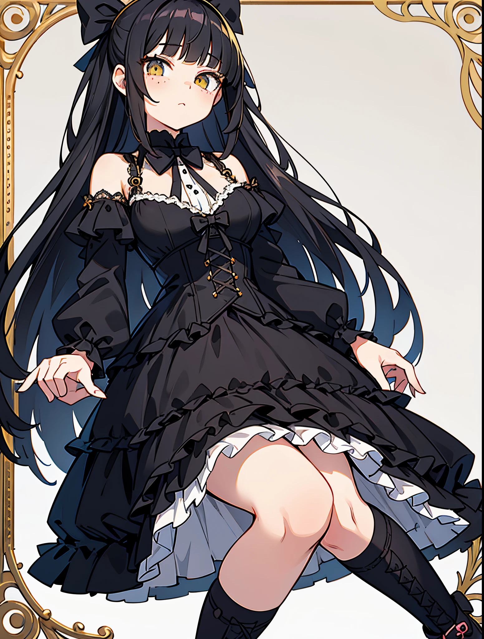 Raven black hair with black bangs that frames her delicate face. Her eyes are vibrant yellowy gold. She has freckles across her cheeks.
Costume: She opts for a Gothic Lolita dress in shades of black and white, with intricate lace and satin ribbons. Her dress features a corseted bodice and a full, layered skirt. She wears black knee-high stockings, and black Mary Jane shoes adorned with black bows.