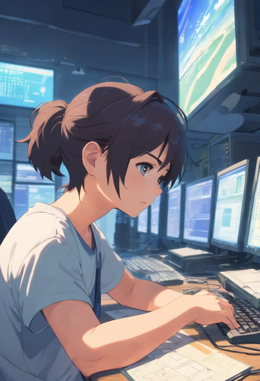 ((of the highest quality, in 8K, master piece),(A man in his 30s wearing a T-shirt), (age 30s:1.5),personal computers ,during daytime, Troubled expression, short dark hair, Shaved body, Show me your body, (High quality, Realistic image), Looking at the computer while working, Movie style, .