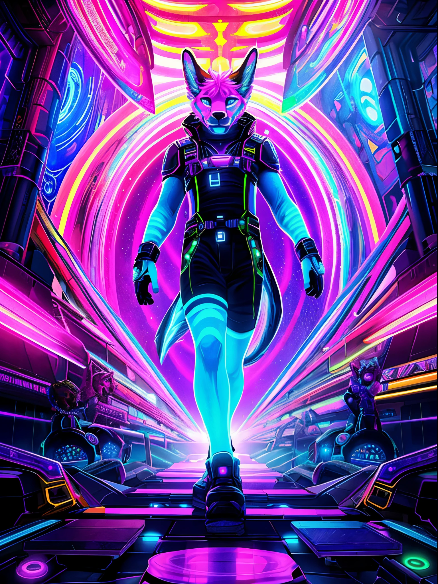 young furry as Disk jokey , An ultra-detailed, high-quality, 4k or 8k masterpiece of a psychedelic, UV active artwork. The scene features colorful and vibrant visuals that evoke a trippy and mesmerizing atmosphere. The main focus of the artwork is on a group of pretty furry who are dressed in futuristic cyberpunk fashion, showcasing their unique tech wear. The furry stand amidst a dazzling array of UV lights and pulsating neon colors, with the scene creating a mesmerizing and otherworldly effect. The artwork captures the essence of a psychedelic experience, incorporating elements of surrealism and abstract art. The colors and patterns shift and blend in an enchanting way, giving the artwork a dynamic and immersive feel. The lighting accentuates the vividness of the colors, creating a captivating visual spectacle. The overall style and composition of the artwork draw inspiration from the aesthetics of cyberpunk and rave culture. The blend of psychedelic and cyberpunk elements creates a visually stunning and conceptually intriguing piece of art.