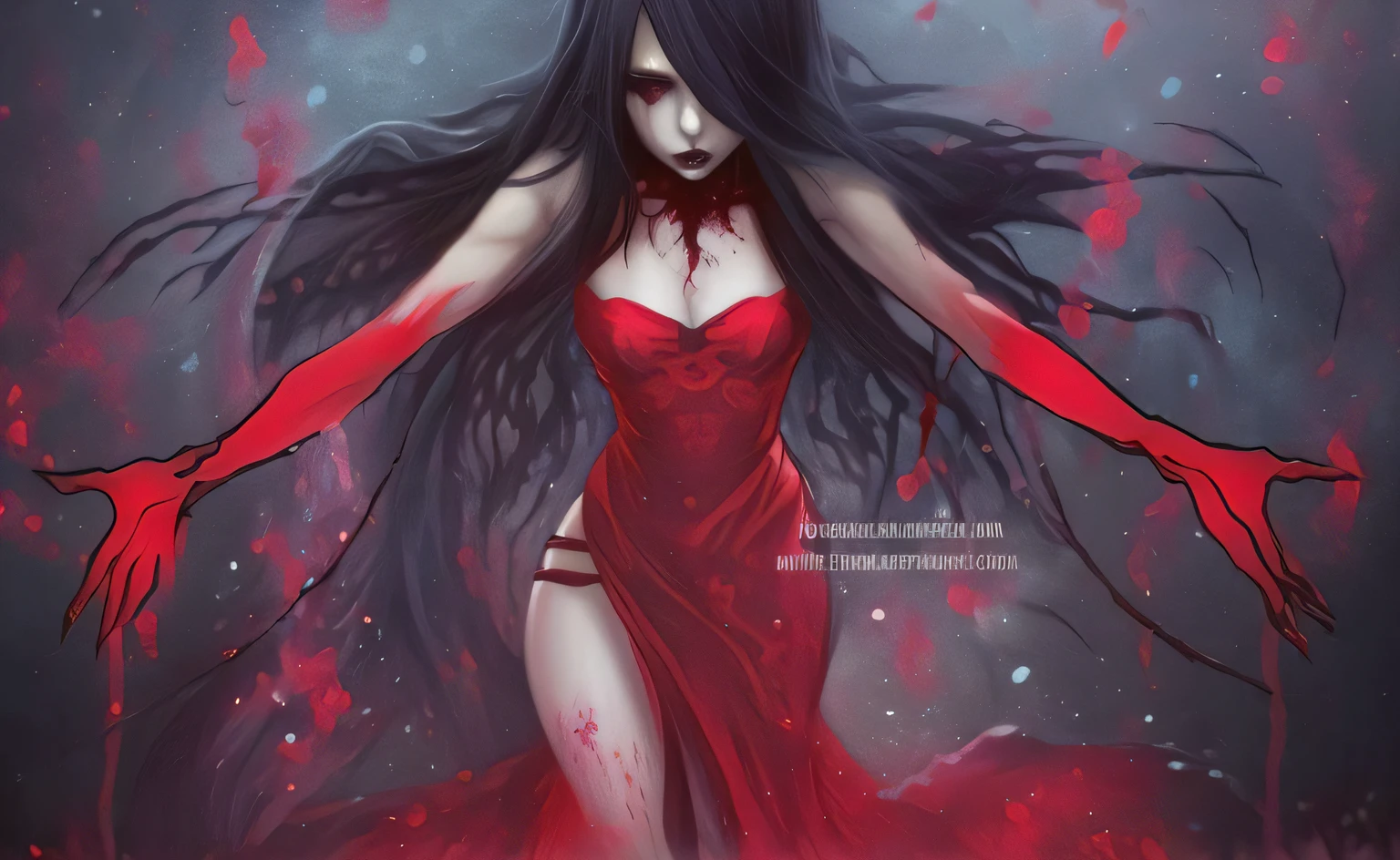 a close-up of a woman in a black dress with blood on her hands, rainha vampira bonita, menina vampiro, Bloody + arte conceitual, menina anime demon, Beautiful elegant demon queen, rainha feminina vampira bonita, Estilo de Charlie Bowater, arte de terror de fantasia sombria, female vampire, Gothic fantasy art, gothic maiden anime girl, Demon girl, menina necromancer bonita