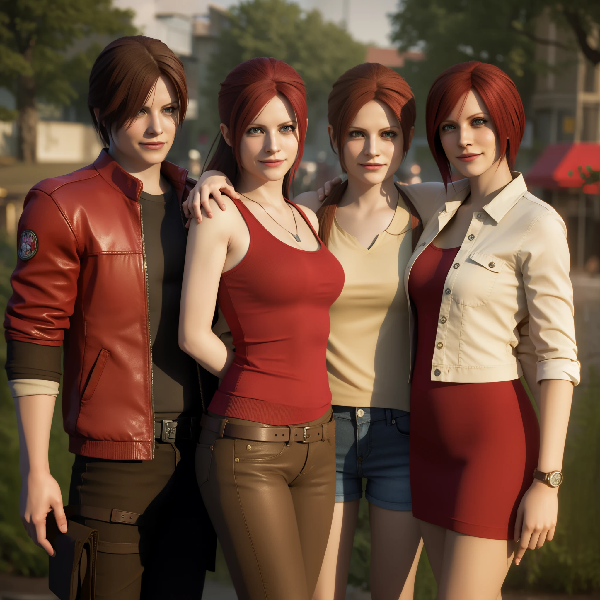 Claire Redfield ,Woman, wearing red shirt, red long hair, red polish, happy expression, smiling