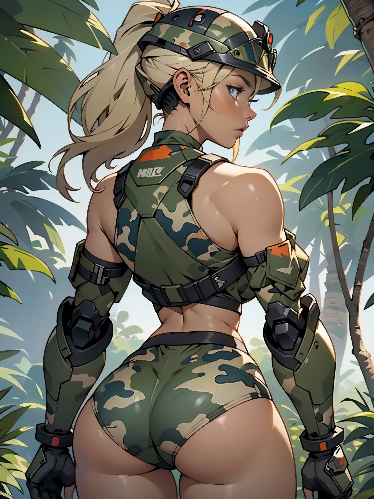 1woman 20 years old, max resolution, sculpted, military, wearing a soldier helmet, beautiful, perfect body, blonde hair, blue eyes, perfect body, thin waist, wide hips, large breasts, slim thighs, jungle background, armored vehicle, military robot, camouflaged uniform, tight panties, two-piece, highly detailed, high resolution, perfect hands, rear view, camo, from behind, bare shoulders