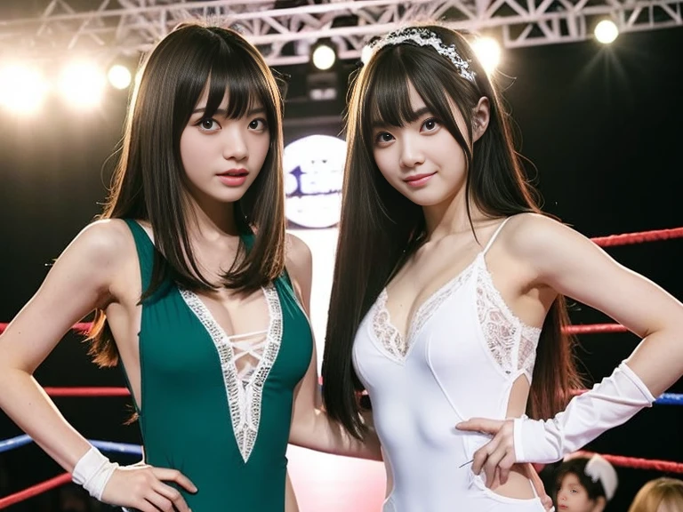 Realistic pretty young Japanese submissive slave, dark hair tied, frisky, raunchy, flat chest small breasts, short white strapless sheer chemise, cleavage, pokies, smooth pubic mound, groin, loin, wrestling on stage