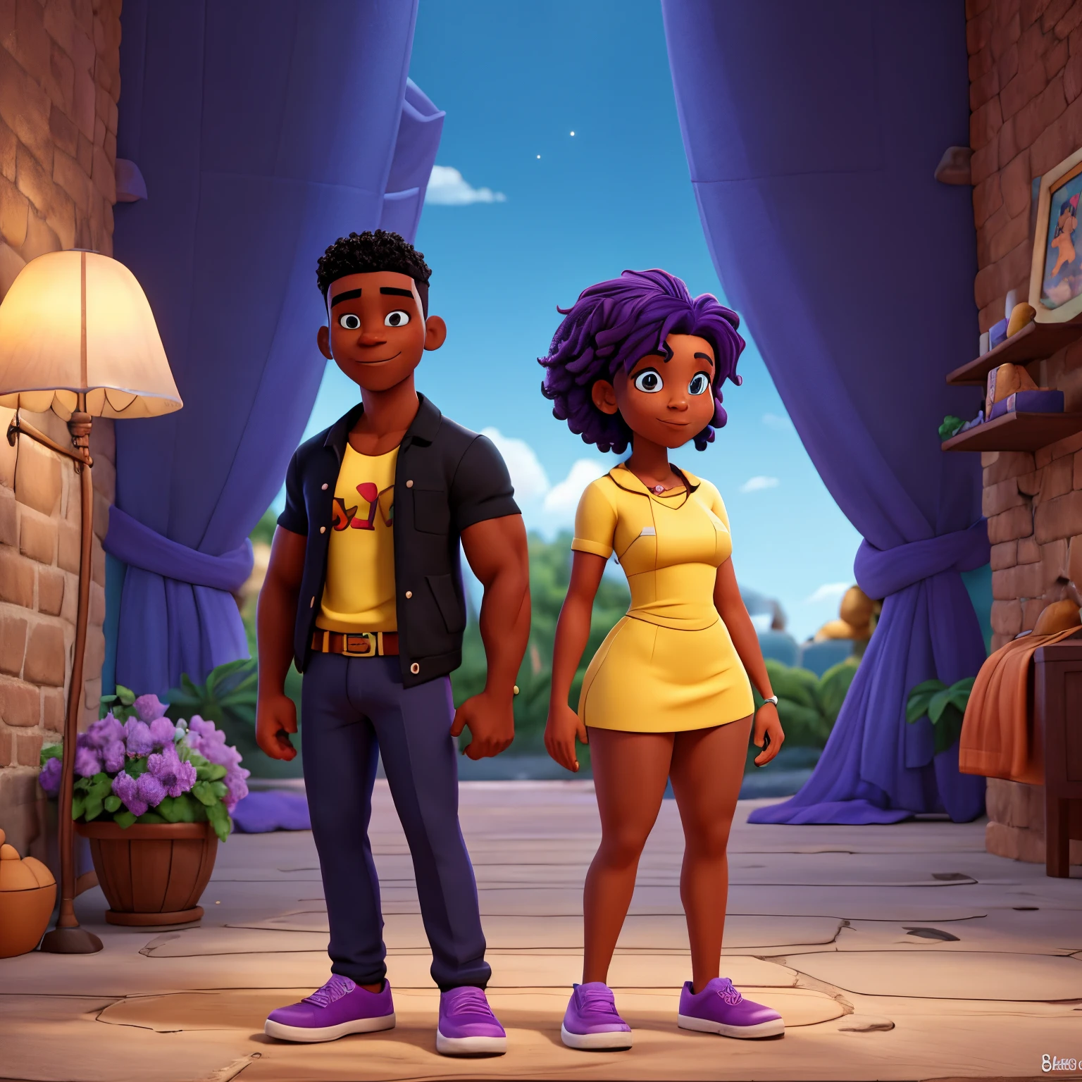 Disney: cartoon couple in love. Muscular Jamaican man with short hair that is all black. He is next to his wife. His wife is a tanned woman with blue hair on one half of her head and purple hair on the opposite half of her head . Cozy and romantic scenery