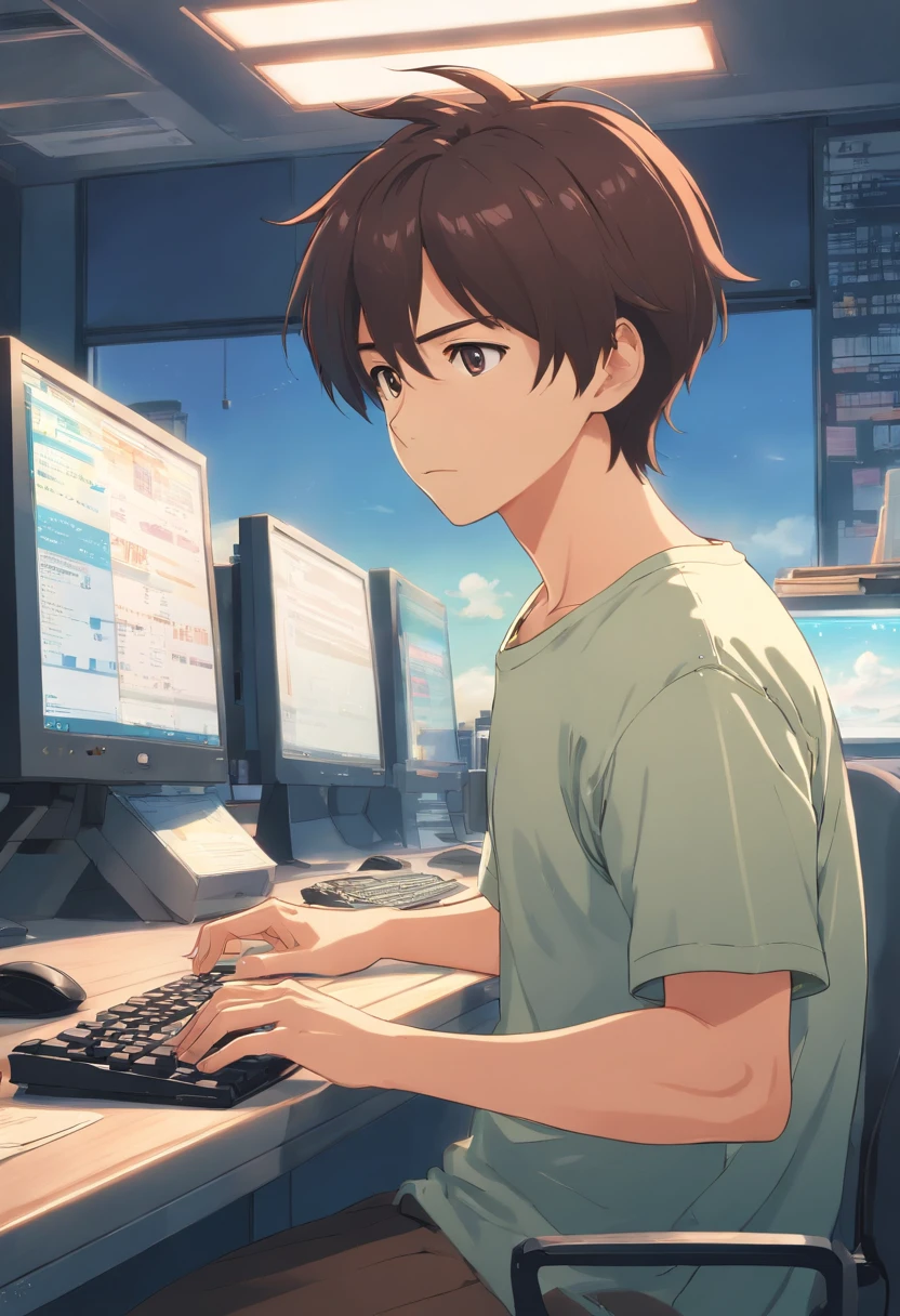 ((of the highest quality, in 8K, master piece),(Man in his 40s wearing a T-shirt), (age 40s:1.5),personal computers ,during daytime, Troubled expression, short dark hair, Shaved body, Show me your body, (High quality, Realistic image), Looking at the computer while working, Movie style, .