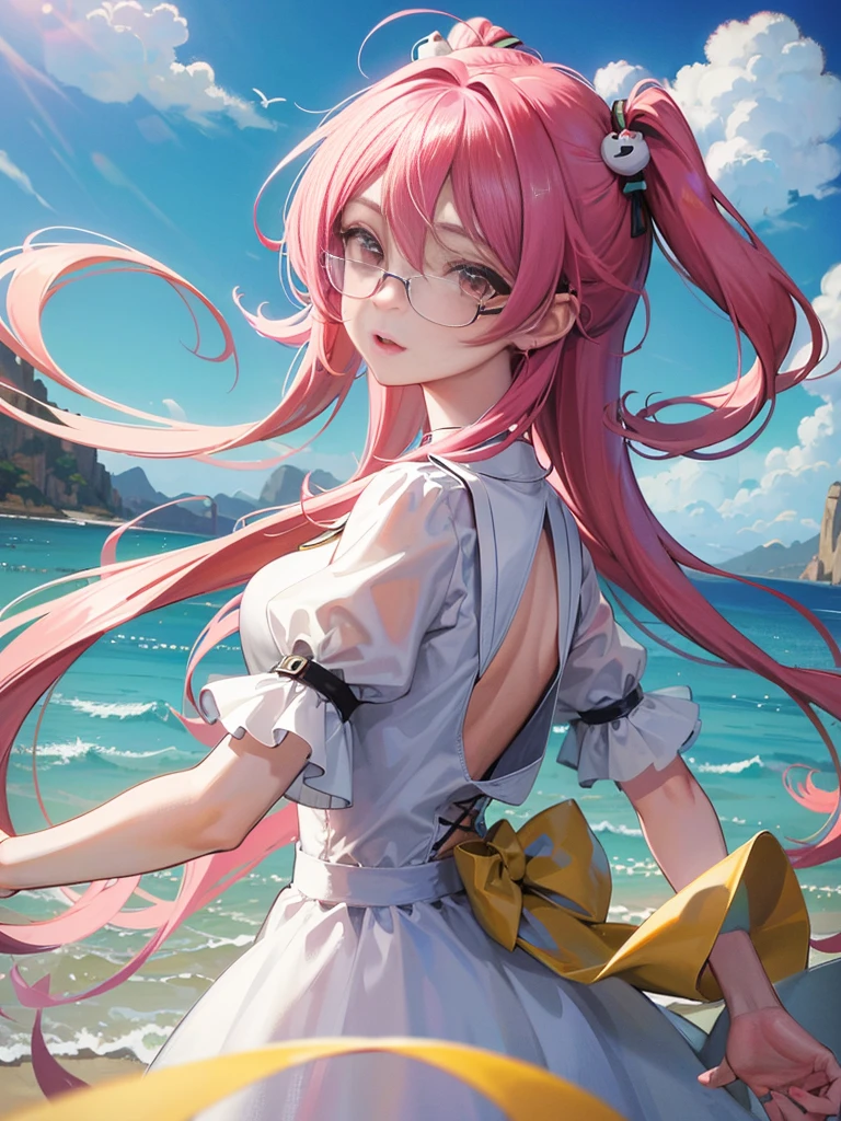 etiqueta, cute anime girl head, estilo de cabelo comprido, wearing glasses, in circle, fundo branco, rosa brilhante, simples, ultra detalhado, desenho detalhado, vectorization, silhueta, 8k, design de adesivo profissional, DESIGN PLANO, linhas vetoriais, etiqueta, desenho, desenho, Full HD