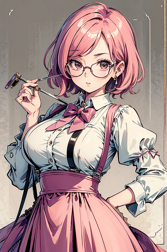 (masterpiece:1.2, best quality), (dinamic lighting) 1lady, solo, short hair, big breasts, (shiny skin:1.2), upper body, monocle, glasses, modern, wavy pink hair,Suspenders, flower on ear, harajuku style, hair pin, loli ,ahoge