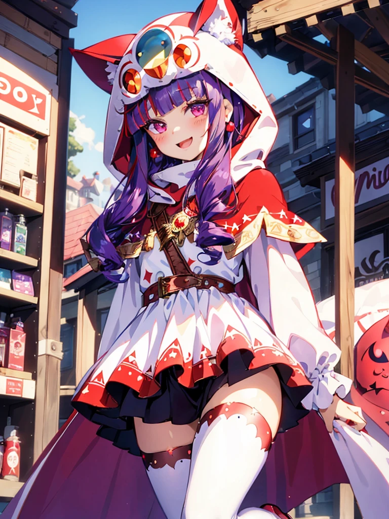 ((((Princess of Moonberg)))), ((1little girl)), 13years, (((deep purple hair))), ((Blunt bangs)), (Fluffy long hair), (Deep red eyes), ((((red hood)))), (Lotto emblem on hood), (((Red Stall))), Pearl earrings, ((White robe with red edging)), ((drooing eyes)), ,
photographrealistic, Sense of depth, Absurd resolution, High resolution, 8K, 4K, detail, Best Quality,
Opening Mouth, Smile, Looking at the camera, full-face blush, Open legs, Walking,
In pharmacies,
