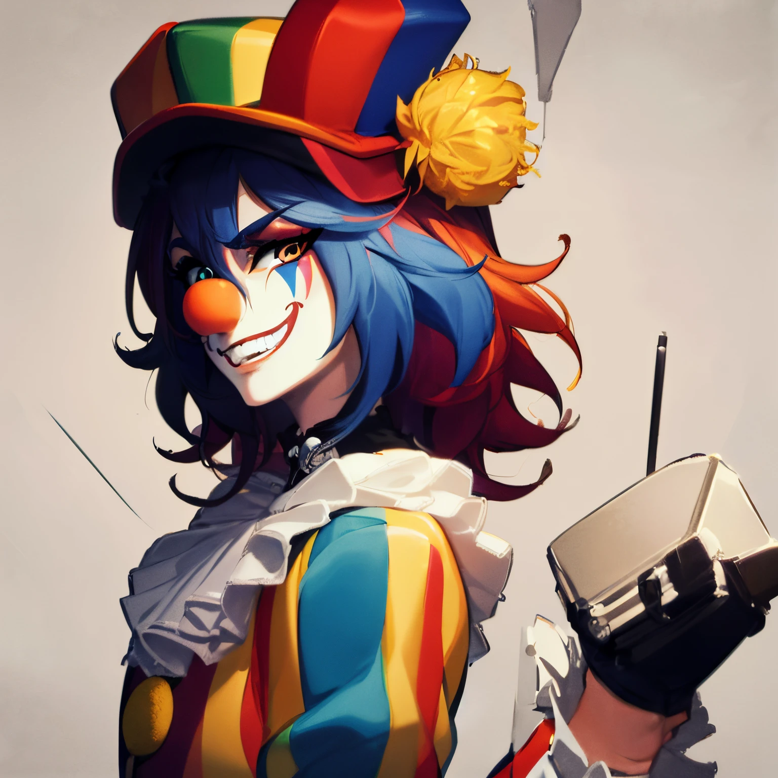 Male ,((Anime)), Femboy,Clown fashion, baggy Orange and Yellow striped Jumpsuit, Jester hat , (Multicolored hair), ((Black hair with orange streaks)), Smiling, in a Circus, Dynamic pose, anatomically accurate body, ((Well drawn face))