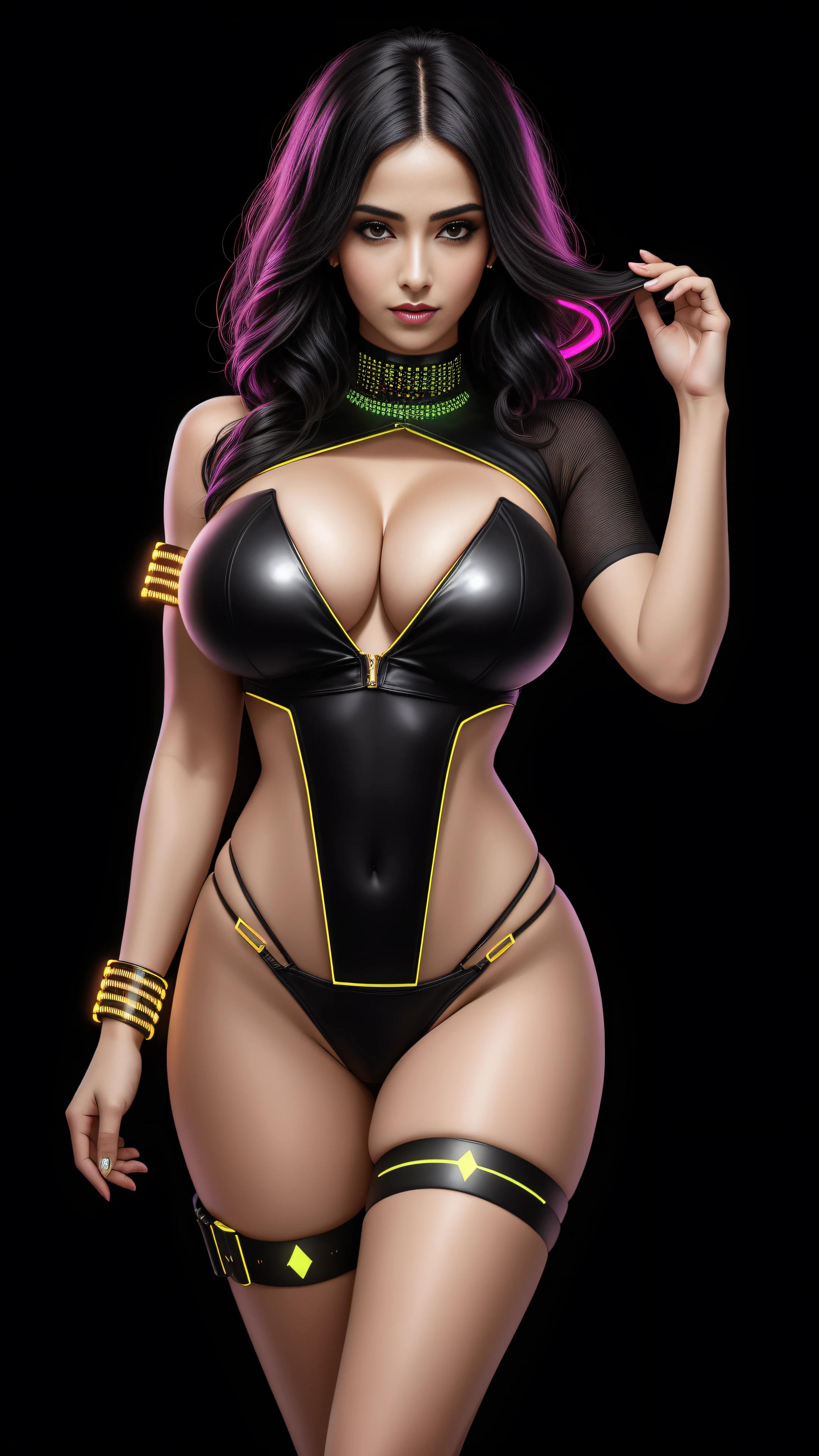 there is an egyptian woman standing, 3 d neon art of a womans body, neon-noir background, cyberpunk femme fatale, seductive cyberpunk dark fantasy, cyberpunk strip clubs, cyberpunk 20 y. o model girl, oppai cyberpunk, banner, high definition cgsociety, cgsociety masterpiece, trending on cgstation, kda, random hair, looking at camera, gigantic breasts, cleavage, (high detailed skin:1.2), 8k uhd, dslr, super lighting, high quality, film grain, high res, highly detailed, hyper realistic, beautiful face, beautiful body, beautiful eyes nose lips, alluring expression, very bold, upper boobs visible, full body photo, standing legs apart, pale translucent glowing skin, most beautiful face, cute, (well defined pubic hair:1.2)), (dark plain black background:1.4))
