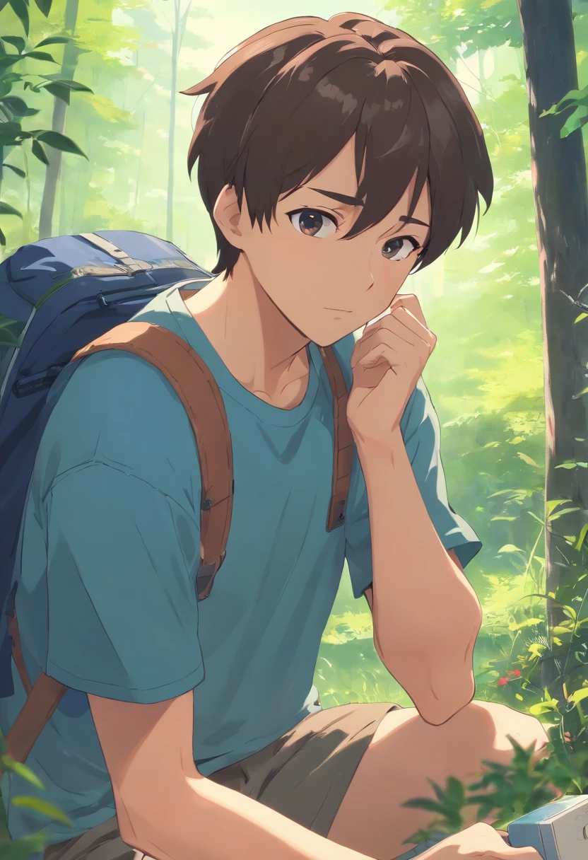 ((of the highest quality, in 8K, master piece),(Man in his 40s wearing a T-shirt), (age 40s:1.5),I want to go camping ,during daytime, Troubled expression, short dark hair, Shaved body, Show me your body, (High quality, Realistic image), Looking at the computer while working, Movie style, .
