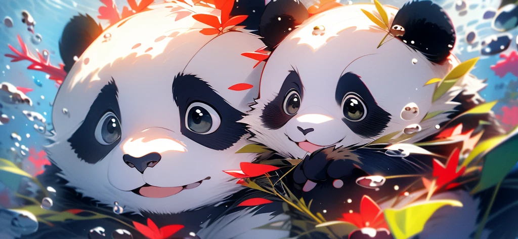 1 panda bonito, Closeup do rosto, retrato, fofa, folhas, Nobodies, underwater, bolhas, bolhas, mais detalhes, cores ricas, sorriso bonito, best quality, 8k, high saturation