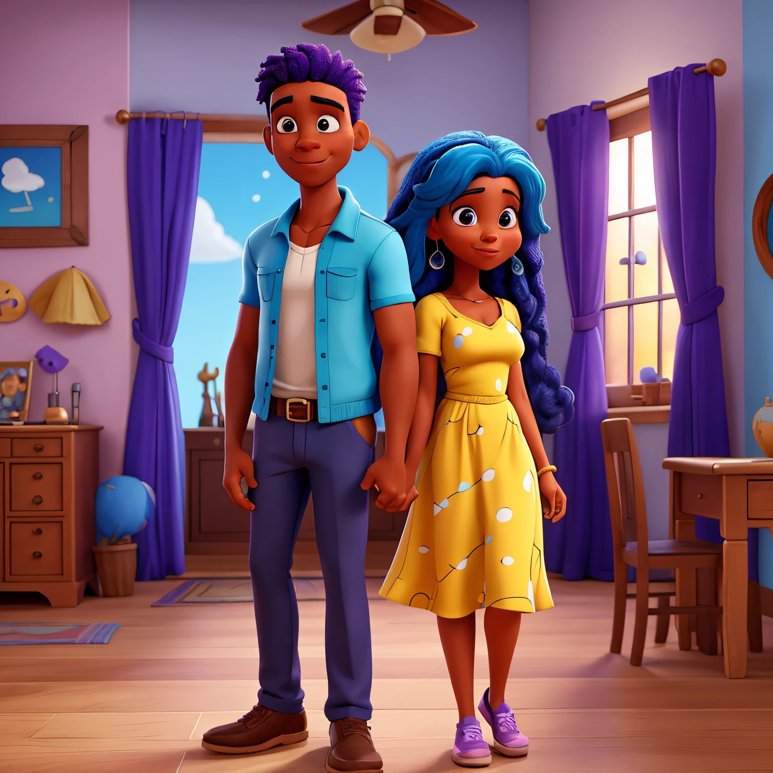 Disney: casal de desenho animado apaixonado. Homem jamaicano musculoso com cabelo curto todo preto. He is next to his wife. His wife is a tanned woman with blue hair on half of her head and purple hair on the opposite half of her head.. . Cozy and romantic setting