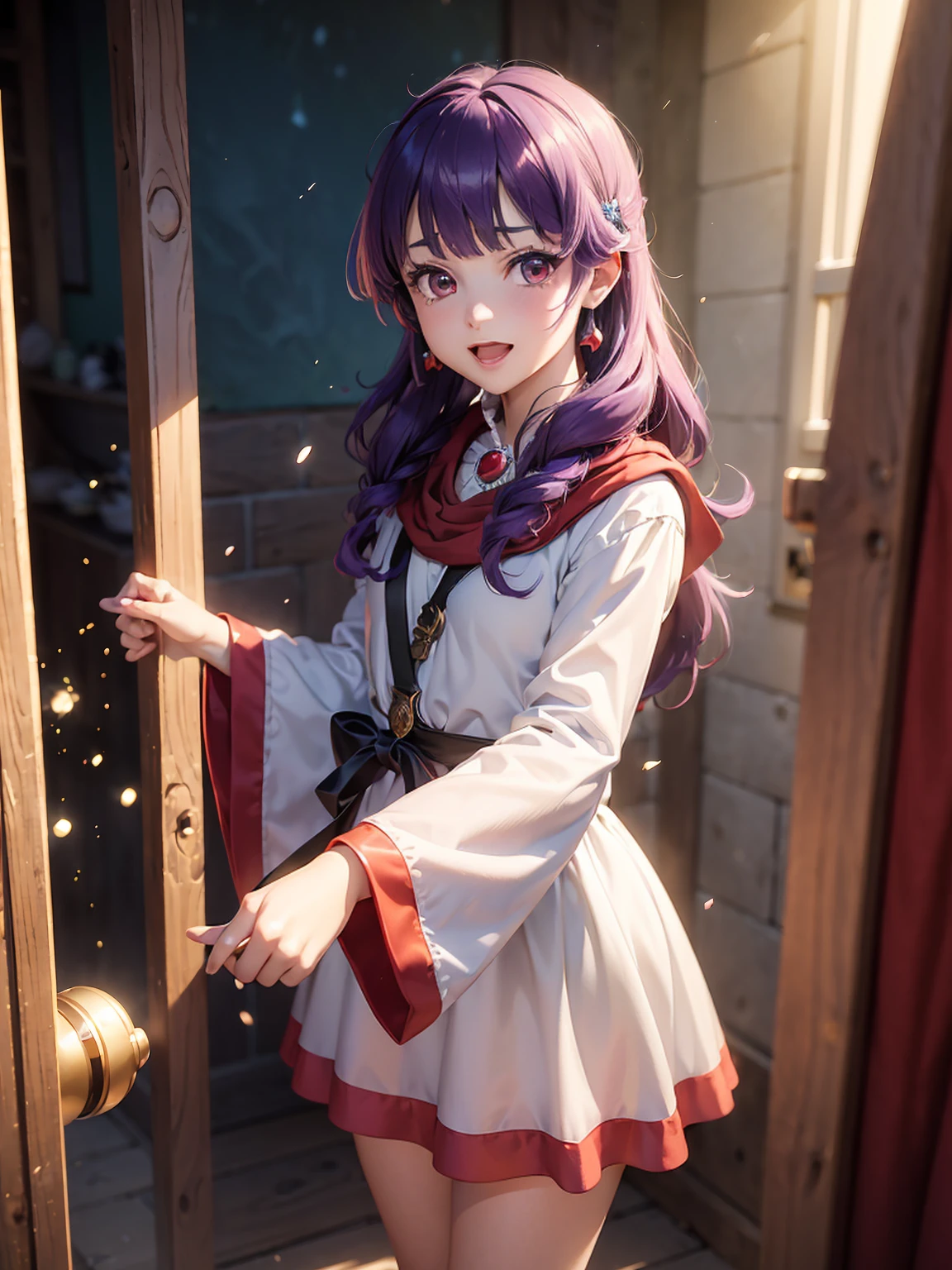 masutepiece, Best Quality, (Highly detailed CG Unity 8K wallpaper), (Best Quality), (Best Illustrations), (Best Shadows),
(((Particle effect))), Isometric 3D, Octane Rendering, Ray tracing, super detailed,
photographrealistic, Sense of depth, Absurd resolution, High resolution, 8K, 4K, detail, Best Quality, (Raw photo, Best Quality, masters:1.2), (Realistic, Photorealsitic:1.37), ultra-detailliert,
((((Princess of Moonberg)))), ((1little girl)), ars, ((drooing eyes)),(((deep purple hair))), ((Blunt bangs)), (Fluffy long hair), (Deep red eyes), Pearl earrings,
((((red hood)))), (Lotto emblem on the hood), (((Red Stall))), ((White robe with red edging)),
Holding a magic wand in his left hand,cast ice magic, Full smile, Open mouth,