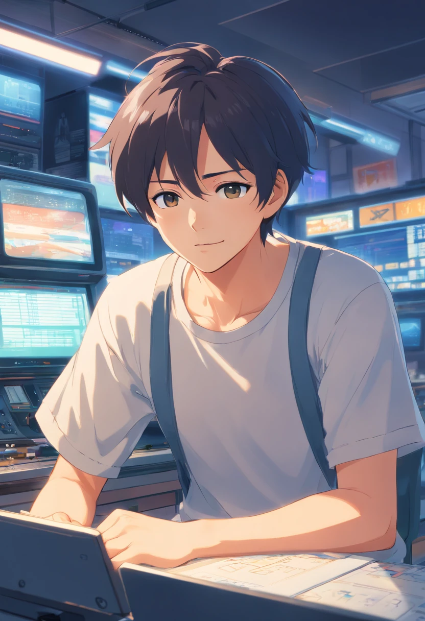((of the highest quality, in 8K, master piece),(Man in his 40s wearing a T-shirt), (age 40s:1.5),personal computers ,during daytime, bright expression, short dark hair, Shaved body, Show me your body, (High quality, Realistic image), Movie style, .