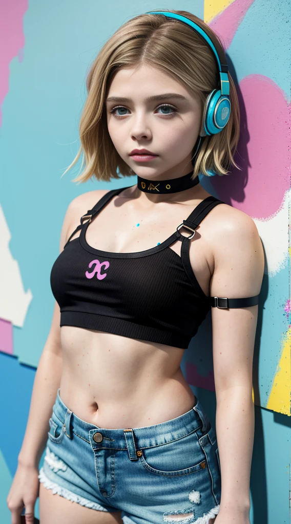 chloë grace moretz、masterpiece, top-quality, 1girl in, 独奏, croptop, Denim shorts, a choker, (doodle:1.5), Paint Splatter, arms behind back, Hitting a wall, Look at viewers, Armbands, Thigh strap, Paint on the body, tilt of the head, tedium, O cabelo multicolorido, Aqua Eye, headset on head,