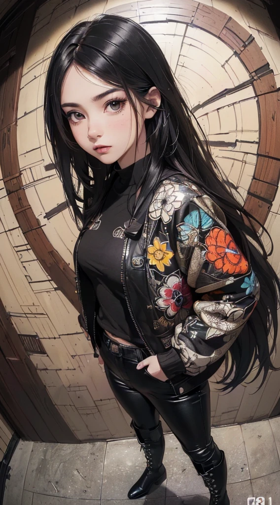 (((8k wallpaper of extremely detailed CG unit:1.2, masterpiece, hight resolution:1.2, top-quality:1.2, masutepiece))), ((a very beautiful woman, Illustration with both hands in pockets:1.8, Grunge Fashion:1.2, Wearing a blouson:1.2, Wearing black leather pants, Wearing boots)), ((extra detailed face, Highly detailed black eyes:1.2, extra detailed body, Top quality real texture skins)), (A dark-haired, length hair, de pele branca, Small), ((colorful geometric pattern wall, Colorful wall)), (high-angle, Fisheye:1.3), hyper realisitic, digitial painting,