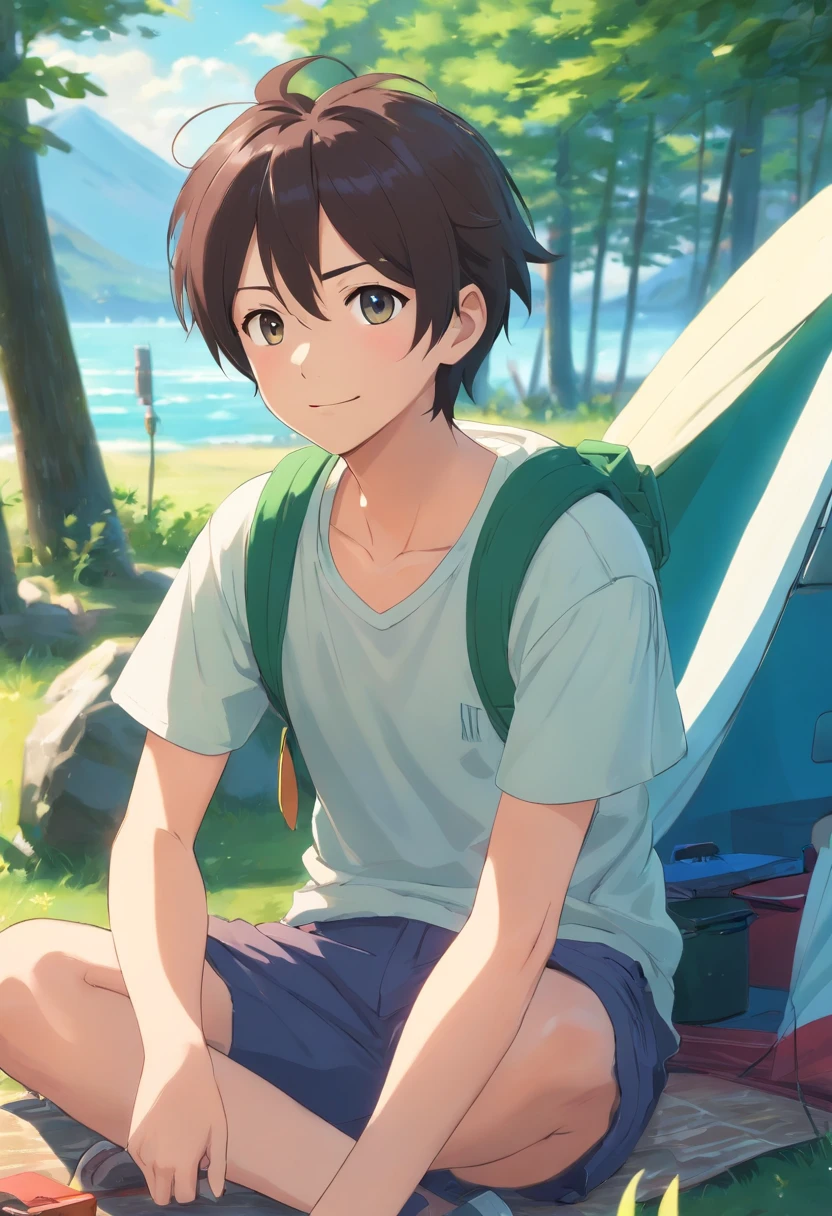 ((of the highest quality, in 8K, master piece),(Man in his 40s wearing a T-shirt), (age 40s:1.5),Enjoying camping ,during daytime, facial expression of smile, short dark hair, Shaved body, Show me your body, (High quality, Realistic image), Movie style, .