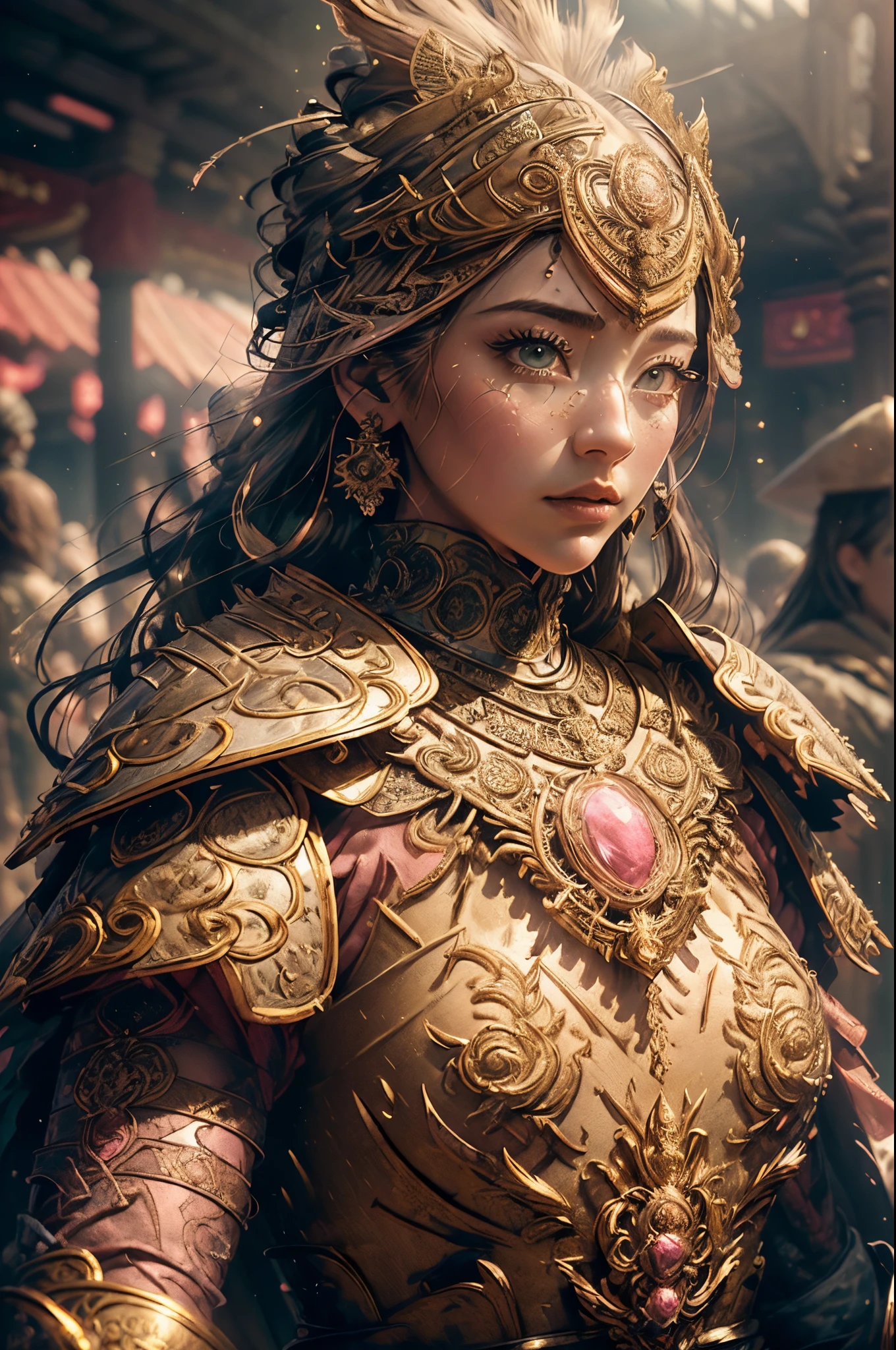 (Masterpiece:1.2), Best Quality, (illustartion:1.2), (Ultra-detailed),eyes focus,(Masterfully crafted Glow, Pink glare lens), (Cinematic background), hyper-detailing, (delicate detailed), (intricate details), Octane Render, HDR, (hyper-detailing:1.15), (soft light:1.2), Extraordinarily beautiful young lady, light makeup, big breastes, Intricate, More information on EABA, red cape, spear