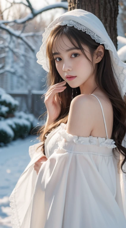 (8K, RAW photos, Best quality at best, tmasterpiece:1.2),(realistically, Realphotos:1.4),Hide your face from making you sad,
ta costume,Lace, Alice Gainsborough, Upper part of the body, scantily clad,exposed bare shoulders, External, (External,blanketed in a mantle of snow,Cloak,) high high quality, Adobe Lightroom, highdetailskin, looking at viewert,