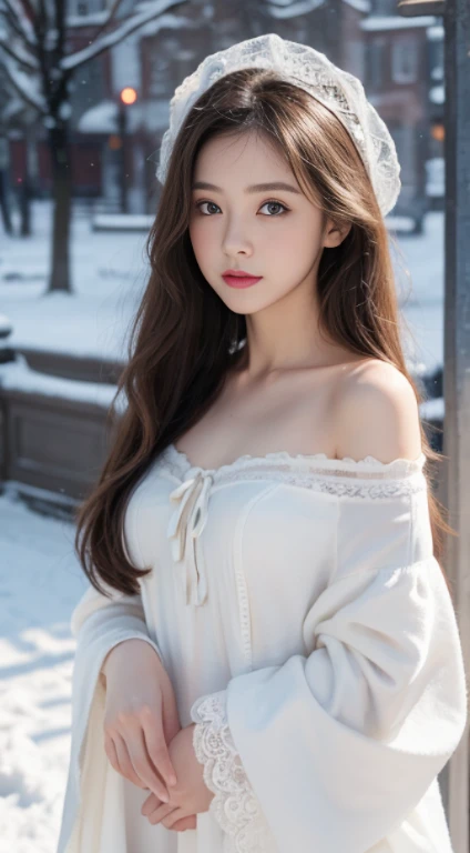 (8K, RAW photos, Best quality at best, tmasterpiece:1.2),(realistically, Realphotos:1.4),Hide your face from making you sad,
ta costume,Lace, Alice Gainsborough, Upper part of the body, scantily clad,exposed bare shoulders, External, (External,blanketed in a mantle of snow,Cloak,) high high quality, Adobe Lightroom, highdetailskin, looking at viewert,