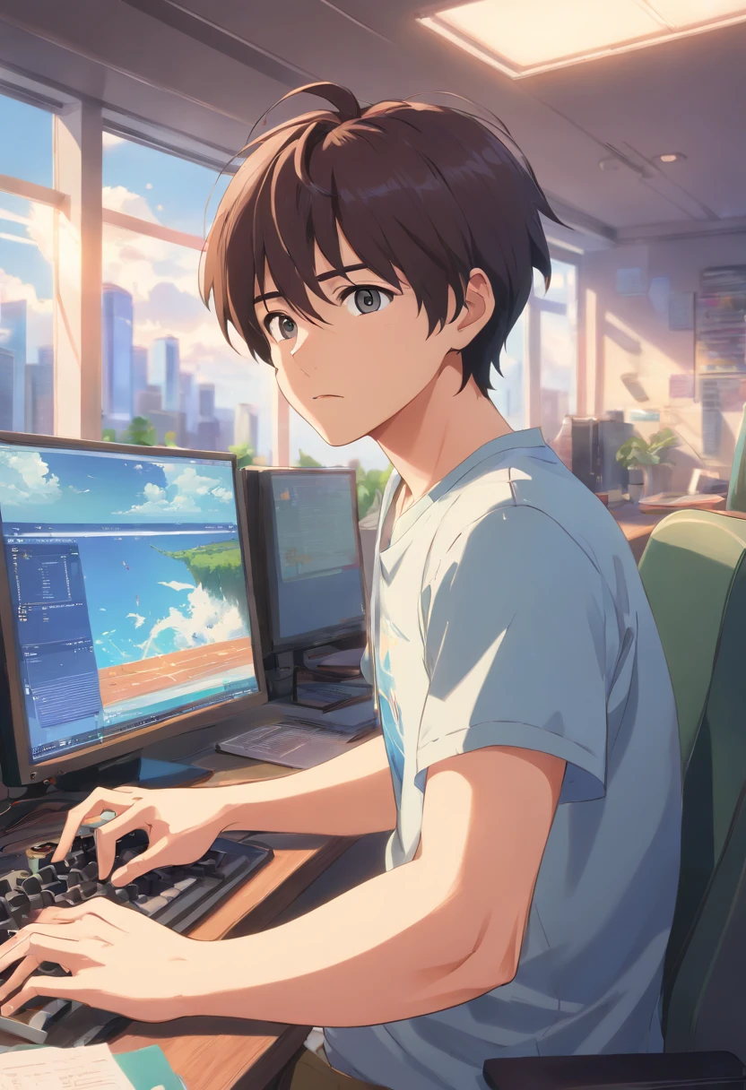 ((of the highest quality, in 8K, master piece),(Man in his 40s wearing a T-shirt), (age 40s:1.5),deep sigh ,during daytime, Troubled expression, short dark hair, Shaved body, Show me your body, (High quality, Realistic image), Looking at the computer while working, Movie style, .