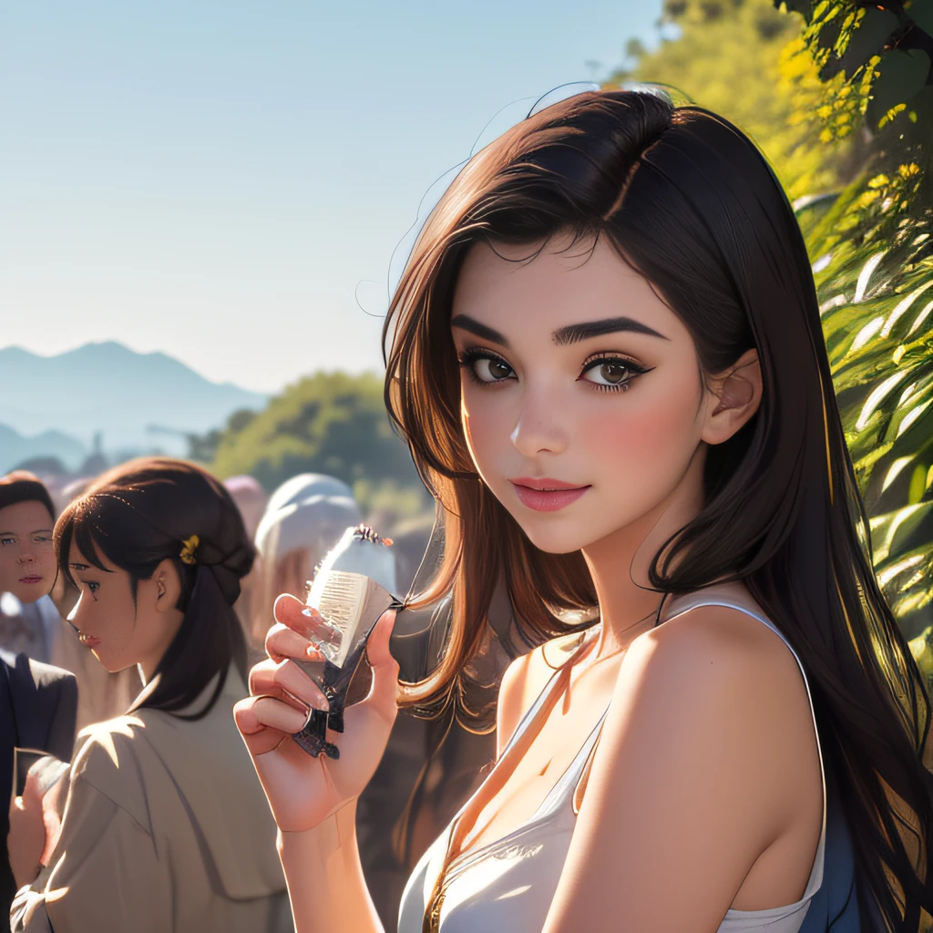 (Extremely detailed 8k wallpaper:2), (photo:2), (23 years old soigne Beautiful girl:2), (gives a lecture to friends:2), detailed (Face and eyes), (hyper realistic:1), (highly detailed:1), (epic realistic:1), rim light, (maximum details:1), cozy, (fullbody:1.3), (looking at viewer:2.0), (Woman's Attractive Qualities:2), (Attractive Woman:2), (Attractive:2), Smile, Intelligence, Empathy, Gracefulness, Sense of Style, Fitness, Grooming, Optimism, (Sensitivity:2), Sincerity, Romantic Gestures, Playfulness, Fashion Sense, (Sensuality:2), Charm, Modesty, Thoughtfulness, (Femininity:1), Flirtatiousness, Warmth, (Physical attractiveness:2), A beautiful smile, A love of life, strength and power, vulnerability, curiosity, wonder, love, (nature background:2), kawaii, waifu, Beautiful breasts, (attractive body:2), (Beautiful body:2), Beautiful pose, attractive pose, (Beautiful legs:1.0), (Beautiful clothes:1), (classic clothes:2), (elegant clothes:2), (European clothes:2), detailed clothes, (skirt:1), (blouse:1), (provocative pose)