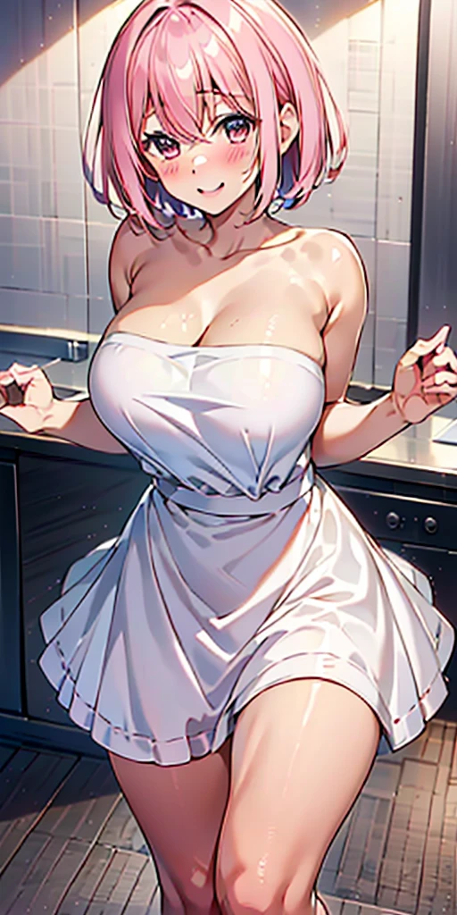 1girl, solo, nakano ichika, pink short hair, (naked:1.3), (white apron), large breasts, cleavage, thighs, cafe background, (blushing:1.2), smiling