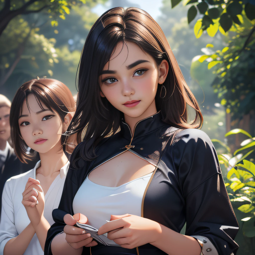 (Extremely detailed 8k wallpaper:2), (photo:2), (23 years old soigne Beautiful girl:2), (gives a lecture to friends:2), detailed (Face and eyes), (hyper realistic:1), (highly detailed:1), (epic realistic:1), rim light, (maximum details:1), cozy, (fullbody:1.3), (looking at viewer:2.0), (Woman's Attractive Qualities:2), (Attractive Woman:2), (Attractive:2), Smile, Intelligence, Empathy, Gracefulness, Sense of Style, Fitness, Grooming, Optimism, (Sensitivity:2), Sincerity, Romantic Gestures, Playfulness, Fashion Sense, (Sensuality:2), Charm, Modesty, Thoughtfulness, (Femininity:1), Flirtatiousness, Warmth, (Physical attractiveness:2), A beautiful smile, A love of life, strength and power, vulnerability, curiosity, wonder, love, (nature background:2), kawaii, waifu, Beautiful breasts, (attractive body:2), (Beautiful body:2), Beautiful pose, attractive pose, (Beautiful legs:1.0), (Beautiful clothes:1), (classic clothes:2), (elegant clothes:2), (European clothes:2), detailed clothes, (skirt:1), (blouse:1), (provocative pose)