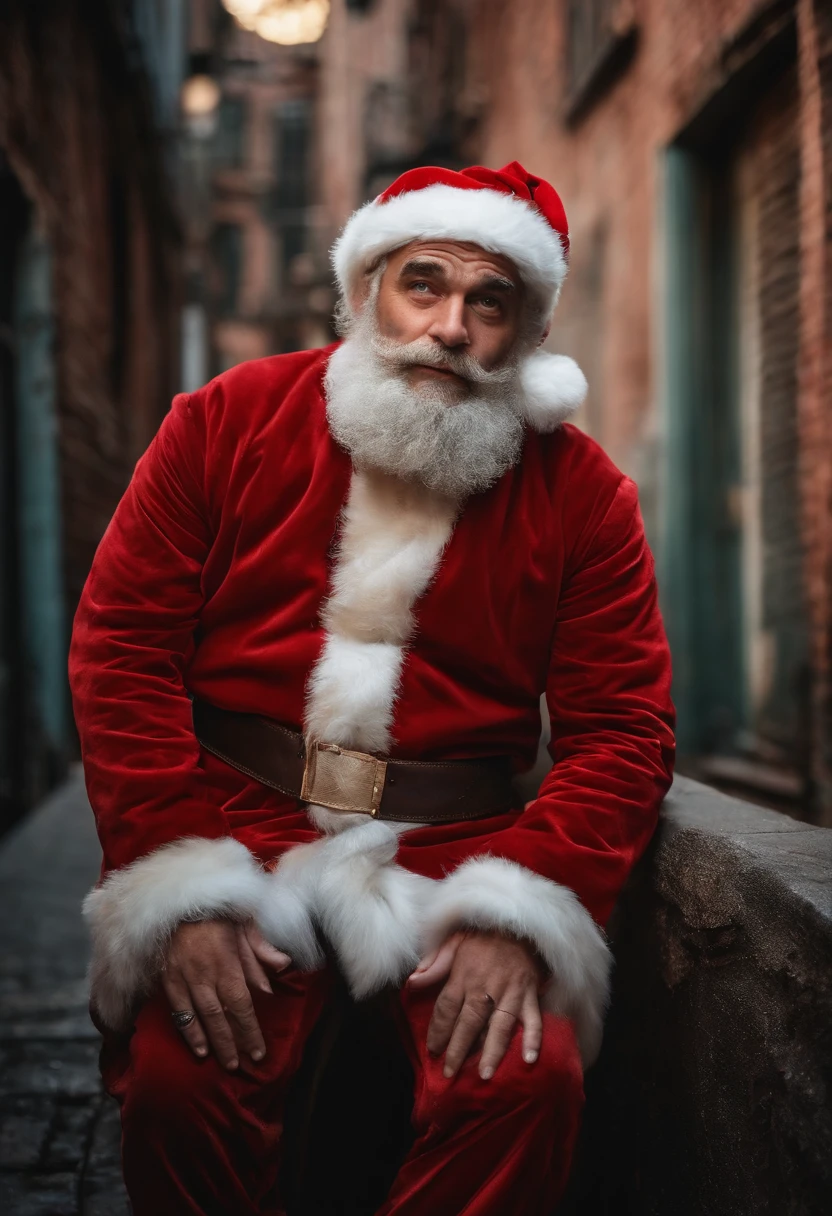 A photo of Bad Santa sitting in a dimly lit alley, surrounded by the bustling city.,original,His iconic red suit, now disheveled and stained, reflects a life marred by neglect and vice. The once neatly-groomed white beard is unkempt, and his eyes, historically a source of merry twinkle, are bloodshot and weary. The robust and cheerful figure we know is replaced by a more haggard and careworn man, who carries the weight of his struggles visibly.