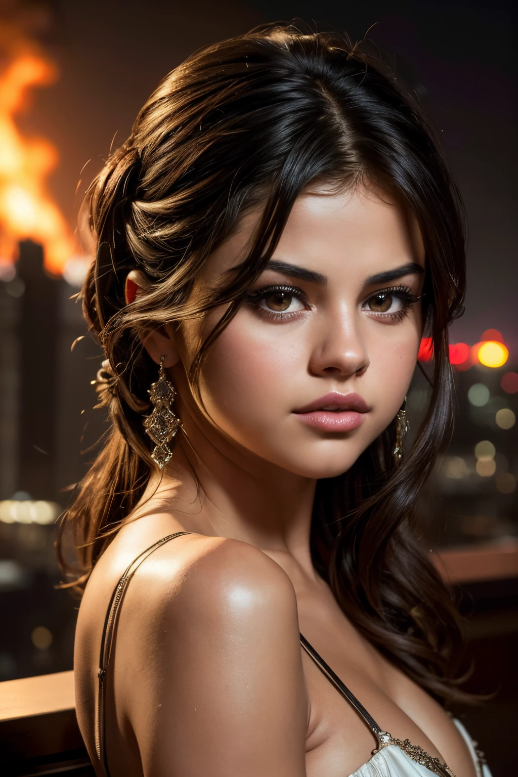 (best quality,4k,highres,ultra-detailed,masterpiece:1.2),romantic portrait of Selena Gomez,hotel on fire,flames,beautiful detailed eyes and lips,intricate emotions,sexy attire,[Big Love],dramatic lighting,sultry atmosphere,cityscape backdrop, vibrant colors