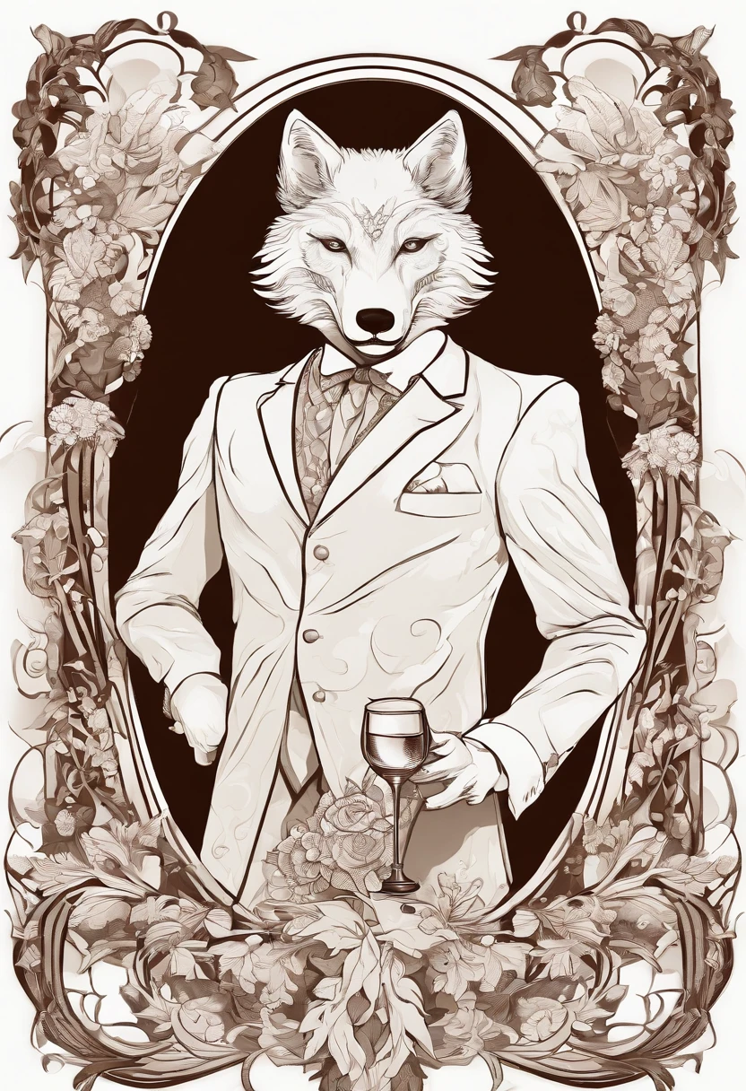 Man wearing a white wolf mask, holding a cocktail and posing