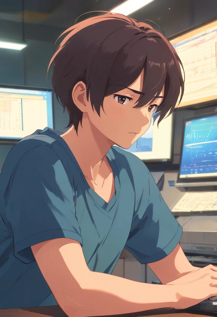 ((of the highest quality, in 8K, master piece),(Man in his 40s wearing a T-shirt), (age 40s:1.5),Take a deep breath while closing your eyes , Troubled expression, short dark hair, Shaved body, Show me your body, (High quality, Realistic image), Looking at the computer while working, Movie style, .