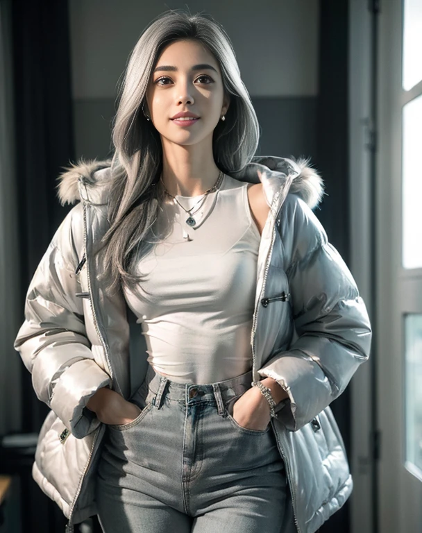 (((Masterpiece, 8K, photorealistic, ultra realistic):1.4))),
KAWAII, ig model, 24 years old, 170 cm, ((medium breasts):1.4), ((slender waist, toned thighs, toned arms):1.4), ((small head, small face):1.4), small nose, ((small mouth, small lips):1.4), (((short jow):1.4)), ((diamond Face,baby face):1.3), Sharp Faceline, 
_ 
BREAK ((big eyes, Double eyelid, tareme, droopy eyes):1.5), ((smile:1.4)), 2((teeth):1.3), (mole under eye), (Perl White teeth), ((gray hair)), (short hair, ponytail), asymmetrical hair, (Aqua eyes:1.4), light makeup, thin eyebrow, shiny skin, detailed skin, detailed face, (detailed face skin), perfect  beautiful eyes, (ultra-detailed eyes:1.3), shiny hair, ultra-detailed fingers,
_ 
BREAK ((all body)), walking, in the room, look at, ((wide shot)), dynamic, Focus,
_ 
(black theme and White), in the night, Inorganic, Inorganic concrete studio with window, small window, gray concrete block, highly, blur, blur background, front lightning, Cinematic lighting,

BREAK ((Gray fur down jacket elegant adorned, The down jacket features a hood):1.2), (underneath turtleneck knit exudes feminine grace), BREAK ((Paired with high-waisted denim pants)), ((this ensemble highlights and complements the figure, achieving a harmonious blend of warmth and refined fashion):1.3), ((silver earring, silver bracelet, silver necklace):1.2), ((perfect wear, detailed wear):1.4), raw photo,
