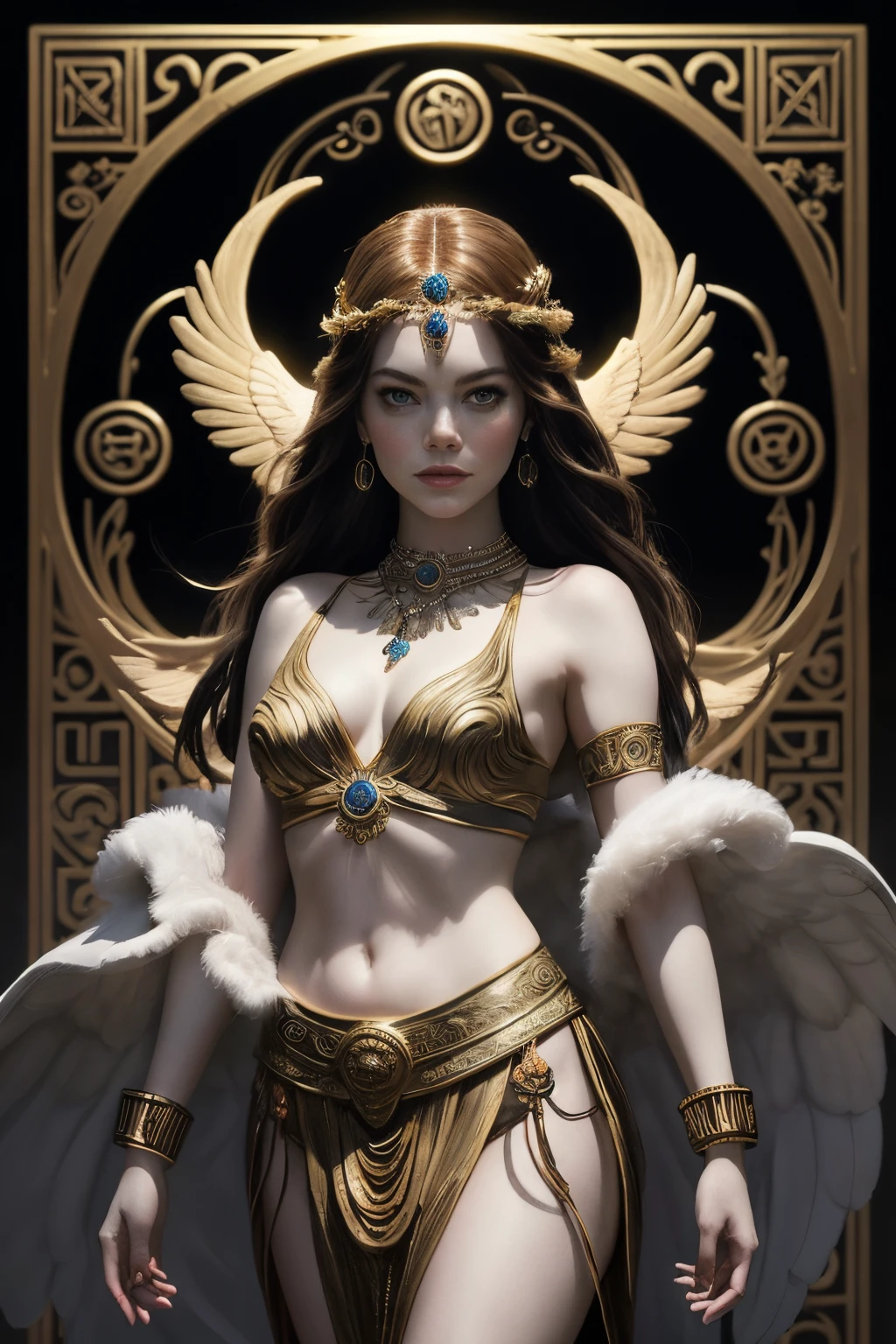 "Generate an AI-powered artwork that envisions Emma Stone as a mythical character from ancient mythology. Picture her as a captivating figure, seamlessly blending elements of both earthly beauty and otherworldly grace. Envision her adorned in attire inspired by mythological themes, perhaps with subtle nods to ancient goddesses or legendary creatures. Surround her with symbolic elements representing the intersection of modernity and timeless mythology. Use a color palette that evokes the ethereal and mystical, conveying the enchanting nature of her mythological persona. The final image should be a captivating fusion of Emma Stone's contemporary charm and the timeless allure of mythical storytelling."