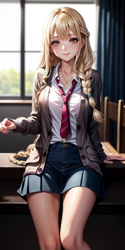(((anime))), ((animado)), (Talvez), medium hair, (braid hair:1.3), (franja contundente:1.2),Cabelos em dois tons, blonde hair, (cabelo rosa), Rosto redondo, olhos vermelhos, (Droopy Eyes), (((tareme))),pink lip,penetrante,colar,[pele negra], Sorriso leve, ((((fofo)))), Beautiful, 1 girl, sozinho, (cardigan:1.4), [recorte de clivagem],fundo bonito,(sala de aula:1.5),Noite,sunlight,Backlighting,master part,best quality,primoroso,8k,absurdos,illustration super fine,(Olhando para o Viewer)