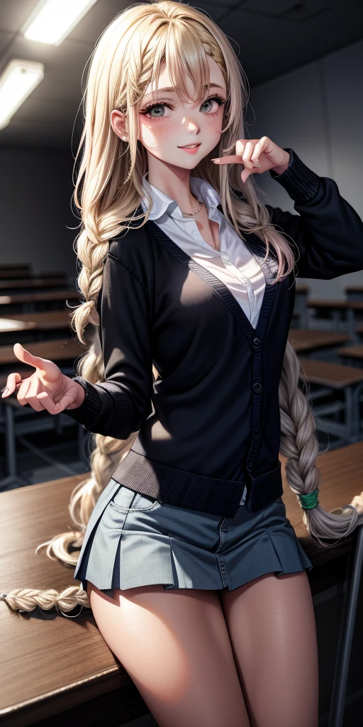 (((anime))), ((animado)), (Talvez), medium hair, (braid hair:1.3), (franja contundente:1.2),Cabelos em dois tons, blonde hair, (cabelo rosa), Rosto redondo, olhos vermelhos, (Droopy Eyes), (((tareme))),pink lip,penetrante,colar,[pele negra], Sorriso leve, ((((fofo)))), Beautiful, 1 girl, sozinho, (cardigan:1.4), [recorte de clivagem],fundo bonito,(sala de aula:1.5),Noite,sunlight,Backlighting,master part,best quality,primoroso,8k,absurdos,illustration super fine,(Olhando para o Viewer)