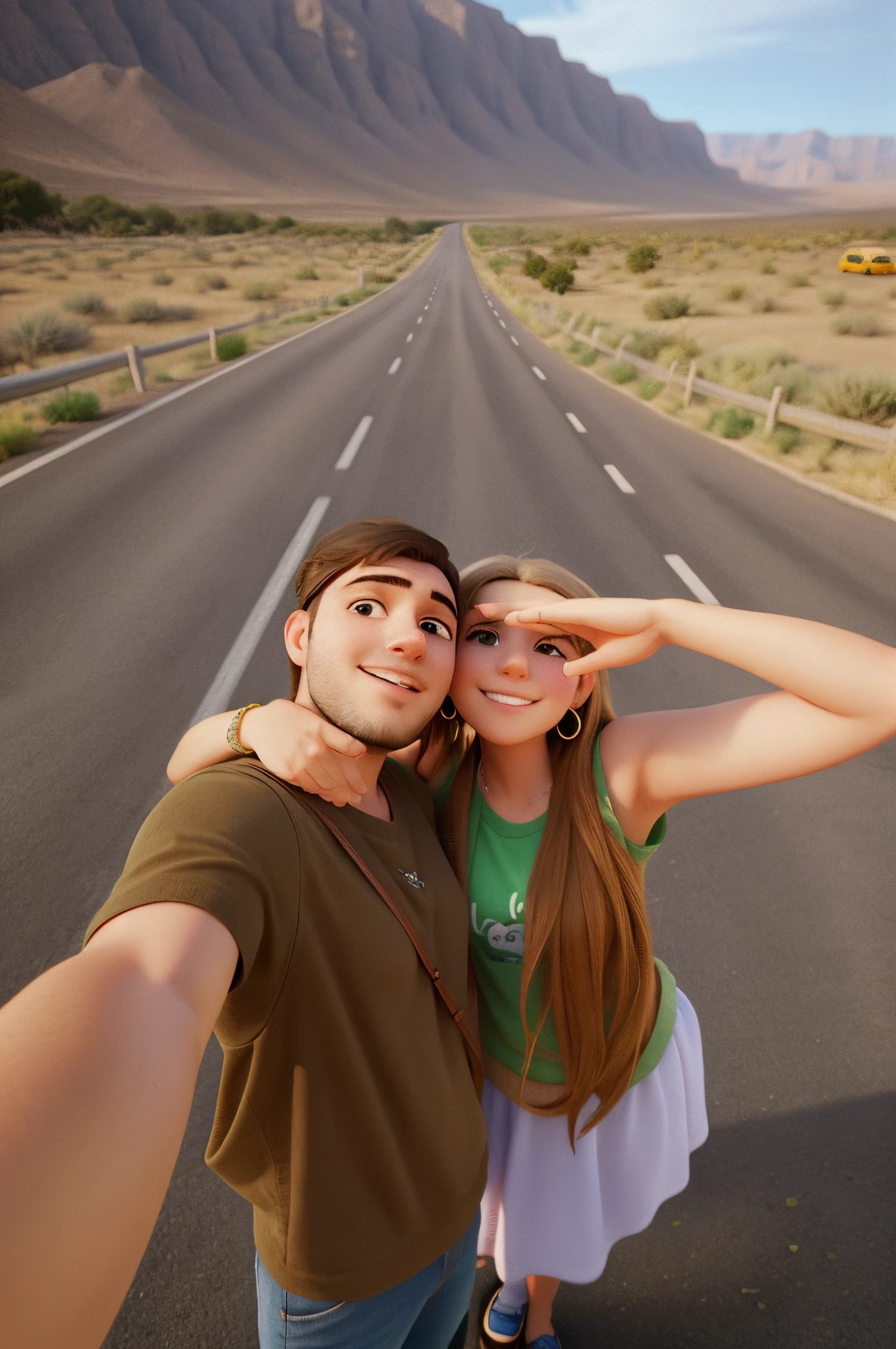 There are two people taking a selfie on the road., en una carretera, selfie shot straight on angle, Foto de larga distancia, Selfie enamorado, on a desert road, selfie photography, 8k selfie photograph, Selfie, De pie en la carretera, pareja sonriente, Foto POV, Viaje, Tomarse una Selfie, Viaje por carretera emocionante, Foto Selfie, Foto de vacaciones, Accidentalmente tomar una Selfie