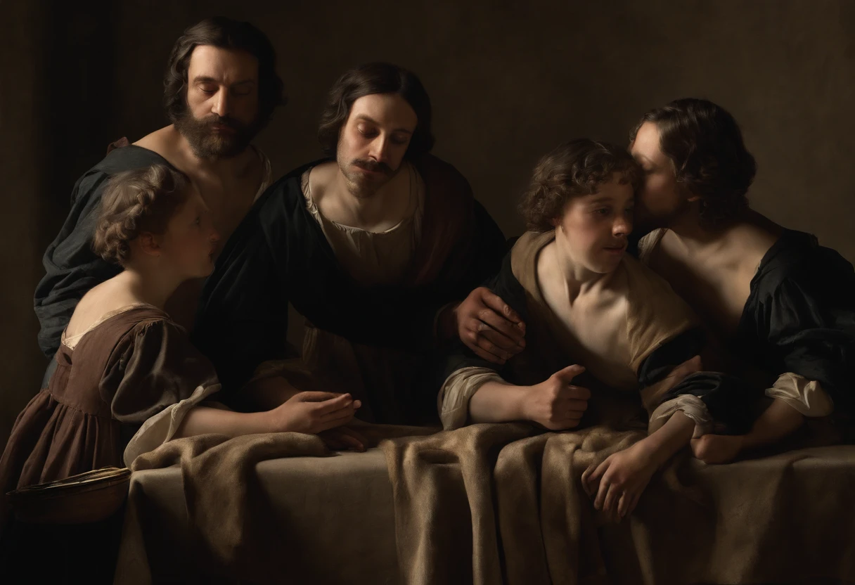 painting of a man being carried by a group of men, a Renaissance painting by Michelangelo Merisi da Caravaggio, Shutterstock, Baroque, Caravaggio and Artgerm, Style of Caravaggio, Rutkowski and Caravaggio, Michelangelo da Caravaggio, caravaggesque style, caravaggio style, in the style of caravaggio,Baroque, Hyperrealism, 135mm, Nikon, chiaroscuro, cinematic lighting, god rays, drop shadow, Dutch Golden Age painting, Hyperrealism, Realism, Neoclassicism, UHD, retina, masterpiece, ccurate, super detail, high details, high quality, award winning, best quality, highres, 4K, hyper-realistic image, beard, black_hair, two dogs, facial_hair, multiple_boys, old, painting_(medium), rating_safe, barefoot, sitting, holding_hands, own_hans_clased, ribbon, muscular, long_hair, open_mouth, armor, bald, navel, old_man, multiple_girls, Caravaggio style image. , Made in the style of Caravaggio,