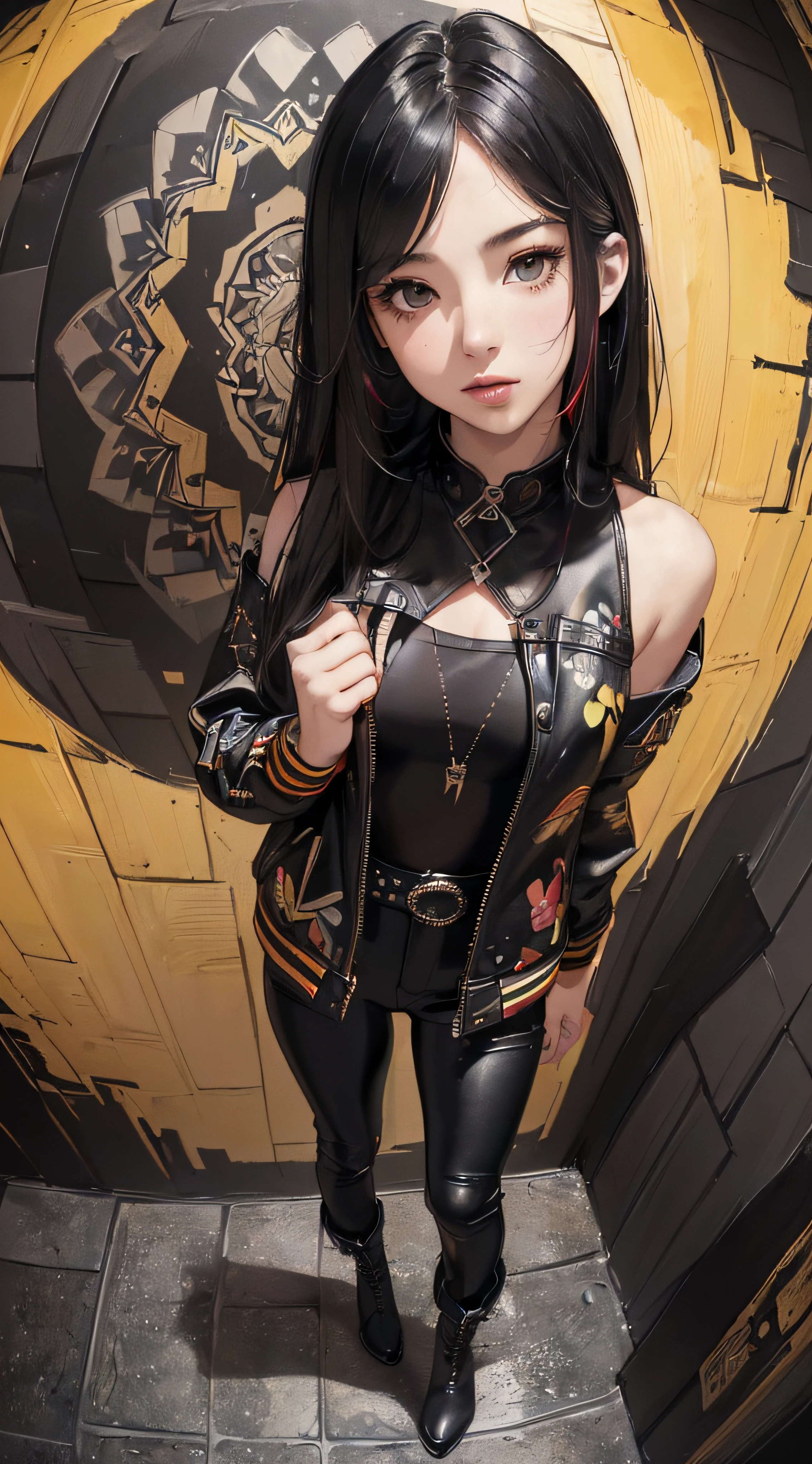 (((8k wallpaper of extremely detailed CG unit:1.2, ​masterpiece, hight resolution:1.2, top-quality:1.2, masutepiece))), ((a very beautiful woman, Hands in pockets:1.8, Grunge Fashion:1.2, Wearing a blouson:1.2, Wearing black leather pants, Wearing boots)), ((extra detailed face, Highly detailed black eyes:1.2, extra detailed body, Top quality real texture skins)), (A dark-haired, length hair, de pele branca, Small), ((colorful geometric pattern wall, Colorful wall)), (high-angle, Fisheye:1.3), hyper realisitic, digitial painting,
