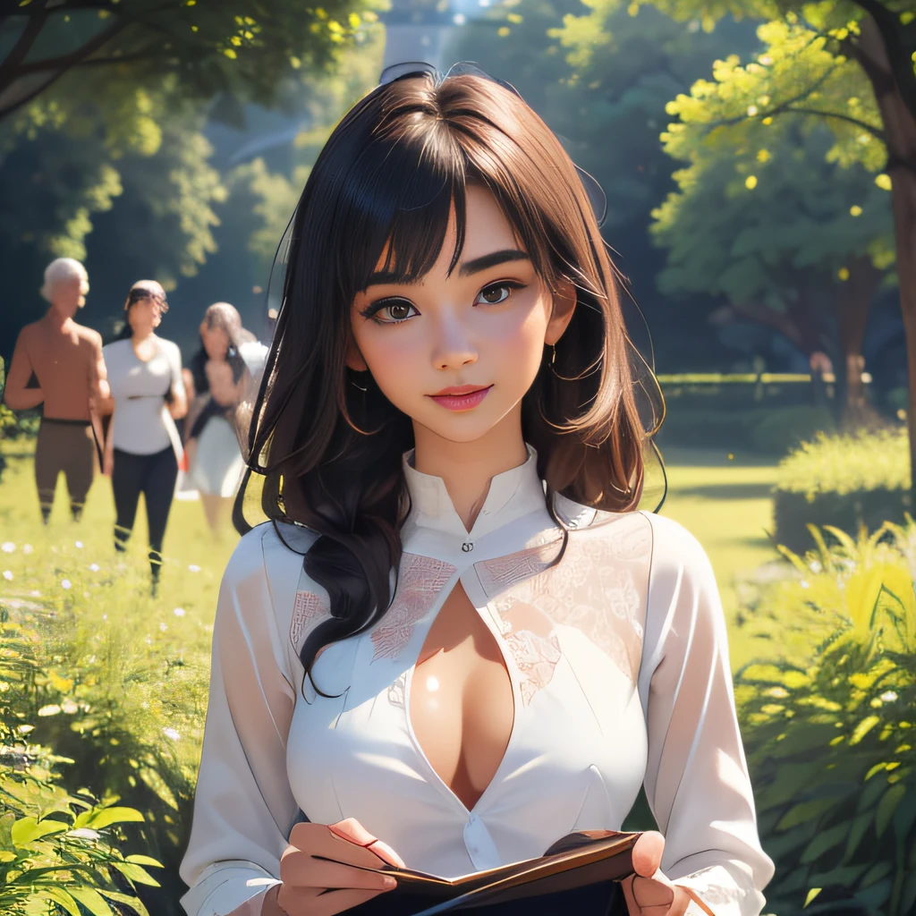 (Extremely detailed 8k wallpaper:2), (photo:2), (23 years old soigne Beautiful girl:2), (gives a lecture to friends:2), detailed (Face and eyes), (hyper realistic:1), (highly detailed:1), (epic realistic:1), rim light, (maximum details:1), cozy, (fullbody:1.3), (looking at viewer:2.0), (Woman's Attractive Qualities:2), (Attractive Woman:2), (Attractive:2), Smile, Intelligence, Empathy, Gracefulness, Sense of Style, Fitness, Grooming, Optimism, (Sensitivity:2), Sincerity, Romantic Gestures, Playfulness, Fashion Sense, (Sensuality:2), Charm, Modesty, Thoughtfulness, (Femininity:1), Flirtatiousness, Warmth, (Physical attractiveness:2), A beautiful smile, A love of life, strength and power, vulnerability, curiosity, wonder, love, (nature background:2), kawaii, waifu, Beautiful breasts, (attractive body:2), (Beautiful body:2), Beautiful pose, attractive pose, (Beautiful legs:1.0), (Beautiful clothes:1), (classic clothes:2), (elegant clothes:2), (European clothes:2), detailed clothes, (skirt:1), (blouse:1), (provocative pose)