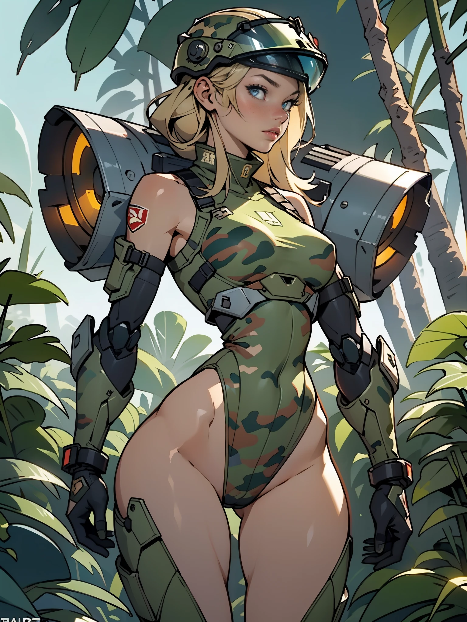 1woman 20 years old, max resolution, sculpted, military, wearing a soldier helmet, beautiful, perfect body, blonde hair, blue eyes, perfect body, thin waist, wide hips, large breasts, slim thighs, jungle background, armored vehicle, military robot, camouflaged uniform, tight panties, two-piece, highly detailed, high resolution, perfect hands, rear view, camo, from behind, bare shoulders