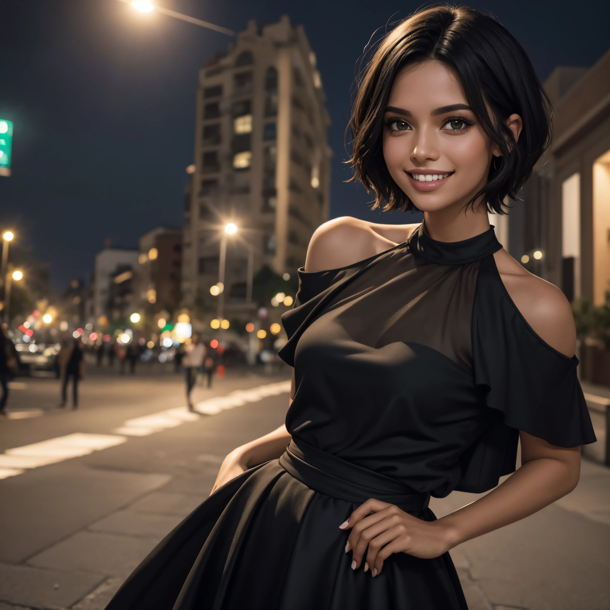 uma jovem de cabelo preto, olhos verdes, short hair up to the shoulders, she is in the square, it is night time, ela esta de roupa simples e elegante, roupas detalhadas, is discouraged, melhor fotografia, obra prima, luz cinematografica, ela esta sorridente, feliz, mostrando os dentes