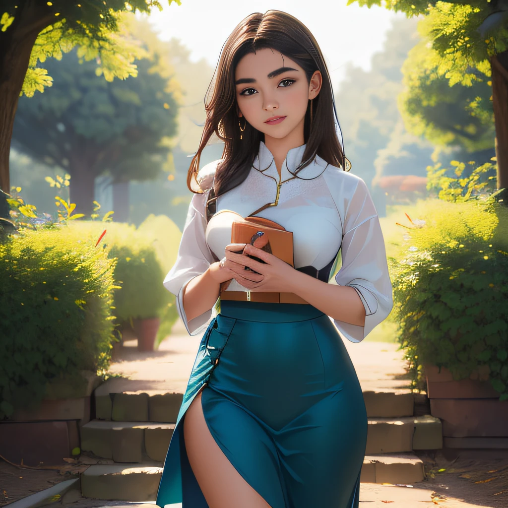 (Extremely detailed 8k wallpaper:2), (photo:2), (23 years old soigne Beautiful girl:2), (gives a lecture to friends:2), detailed (Face and eyes), (hyper realistic:1), (highly detailed:1), (epic realistic:1), rim light, (maximum details:1), cozy, (fullbody:1.3), (looking at viewer:2.0), (Woman's Attractive Qualities:2), (Attractive Woman:2), (Attractive:2), Smile, Intelligence, Empathy, Gracefulness, Sense of Style, Fitness, Grooming, Optimism, (Sensitivity:2), Sincerity, Romantic Gestures, Playfulness, Fashion Sense, (Sensuality:2), Charm, Modesty, Thoughtfulness, (Femininity:1), Flirtatiousness, Warmth, (Physical attractiveness:2), A beautiful smile, A love of life, strength and power, vulnerability, curiosity, wonder, love, (nature background:2), kawaii, waifu, Beautiful breasts, (attractive body:2), (Beautiful body:2), Beautiful pose, attractive pose, (Beautiful legs:1.0), (Beautiful clothes:1), (classic clothes:2), (elegant clothes:2), (European clothes:2), detailed clothes, (skirt:1), (blouse:1), (provocative pose)
