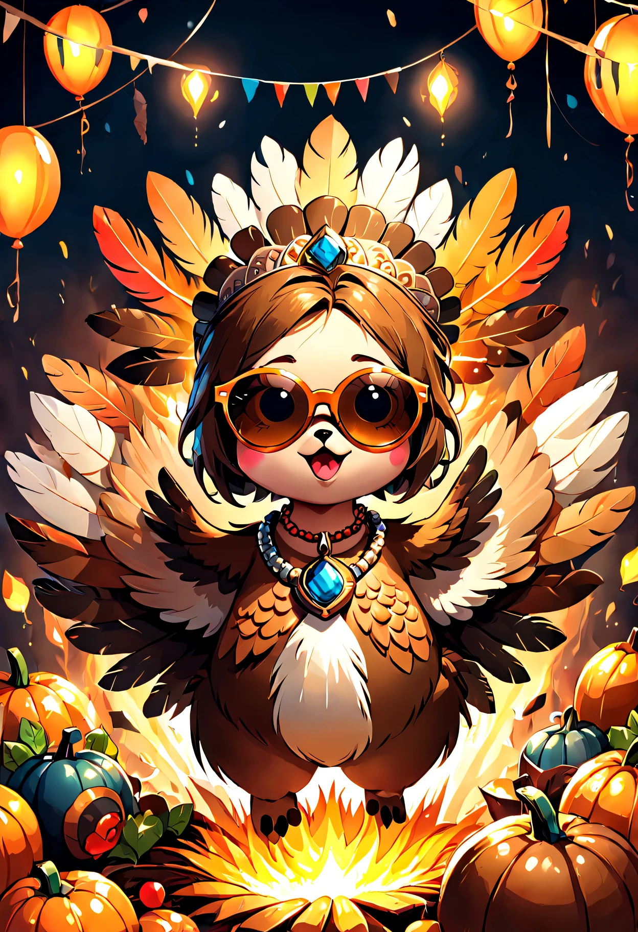 Cute and Funny DreamWorks Pictures Turkey,with sunglass, thanksgiving theme,Decorative large chain pendant, at a party, beams and laser beams, turkey illustration , A high resolution, super detailing , quality,Turkey&#39;s vibrant feathers feature a mix of earthy browns and warm oranges, Each feather has intricate details, The artist&#39;s skillful use of brushstrokes and color breathe life into the image,Make it a high quality masterpiece ,tmasterpiece, high qulity, Best quality at best, The beautiful, k hd, perfect litthing, 详细的脸, Detailed body, Fire particles, actual, cute big breasts,pixelart,high qulity, 8k ultra high definition, Colorful, tmasterpiece