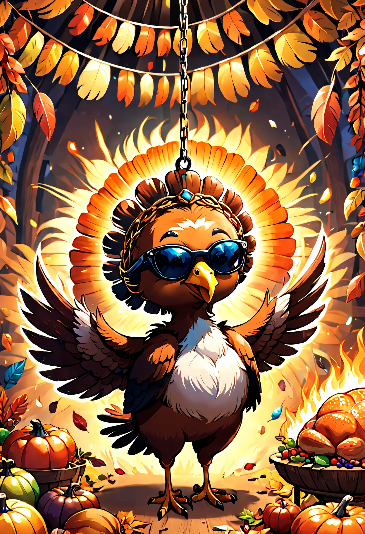 Cute and Funny DreamWorks Pictures Turkey,with sunglass, thanksgiving theme,Decorative large chain pendant, at a party, beams and laser beams, turkey illustration , A high resolution, super detailing , quality,Turkey&#39;s vibrant feathers feature a mix of earthy browns and warm oranges, Each feather has intricate details, The artist&#39;s skillful use of brushstrokes and color breathe life into the image,Make it a high quality masterpiece ,tmasterpiece, high qulity, Best quality at best, The beautiful, k hd, perfect litthing, 详细的脸, Detailed body, Fire particles, actual, cute big breasts,pixelart,high qulity, 8k ultra high definition, Colorful, tmasterpiece